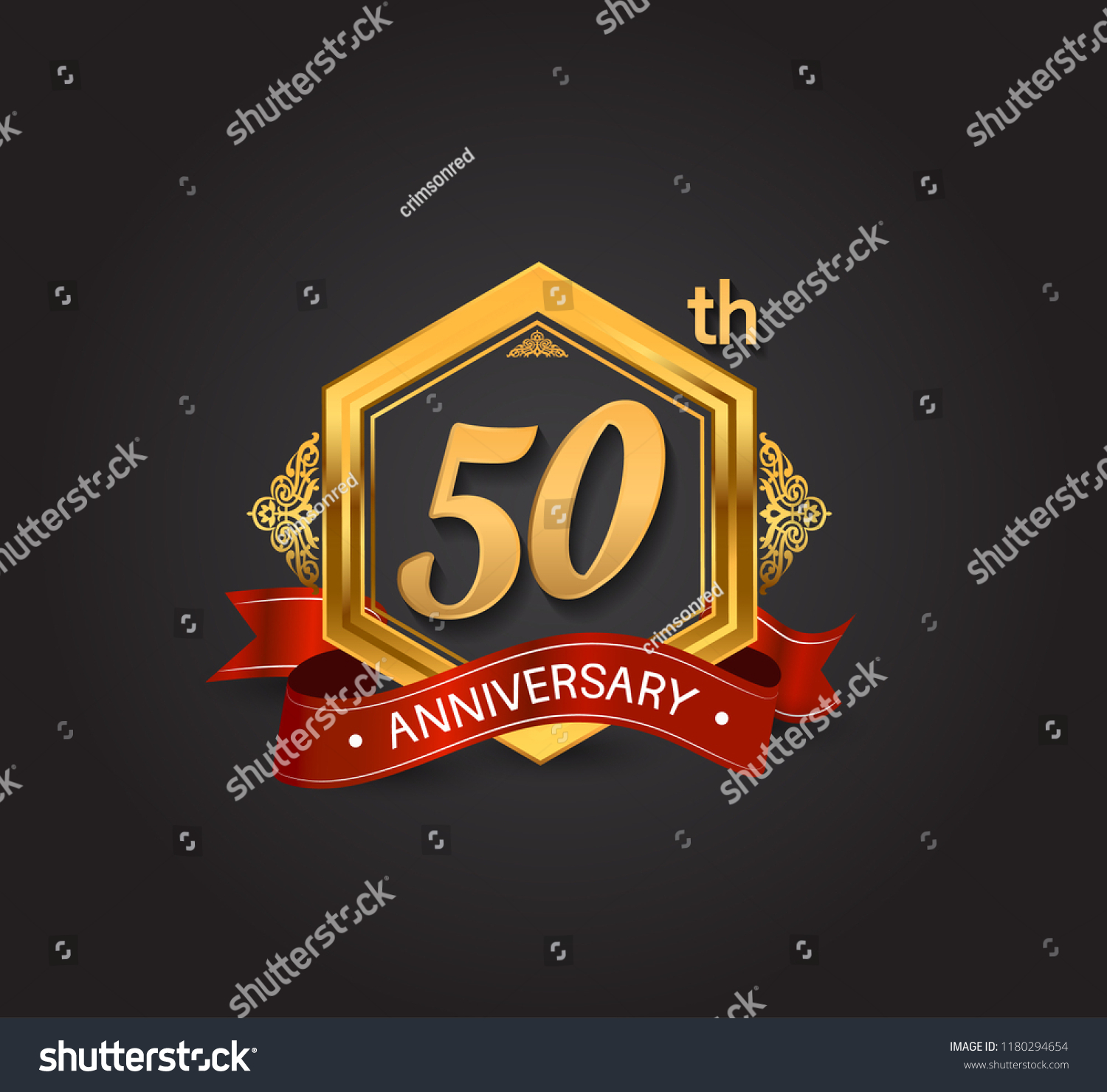 SVG of 50th anniversary design logotype style with golden hexagon, ornament and red ribbon for use in celebration event. svg