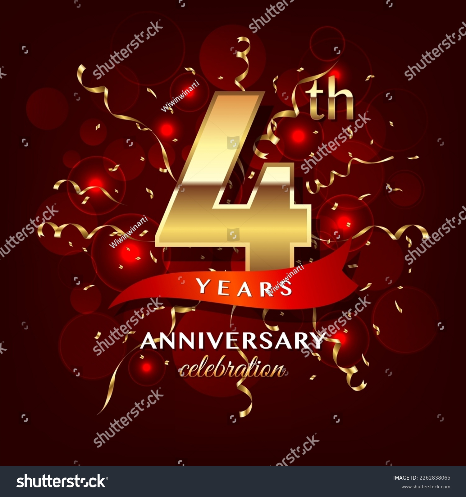 SVG of 4th Anniversary logo design with golden numbers and red ribbon for anniversary celebration event, invitation, wedding, greeting card, banner, poster, flyer, brochure, book cover. Logo Vector Template svg
