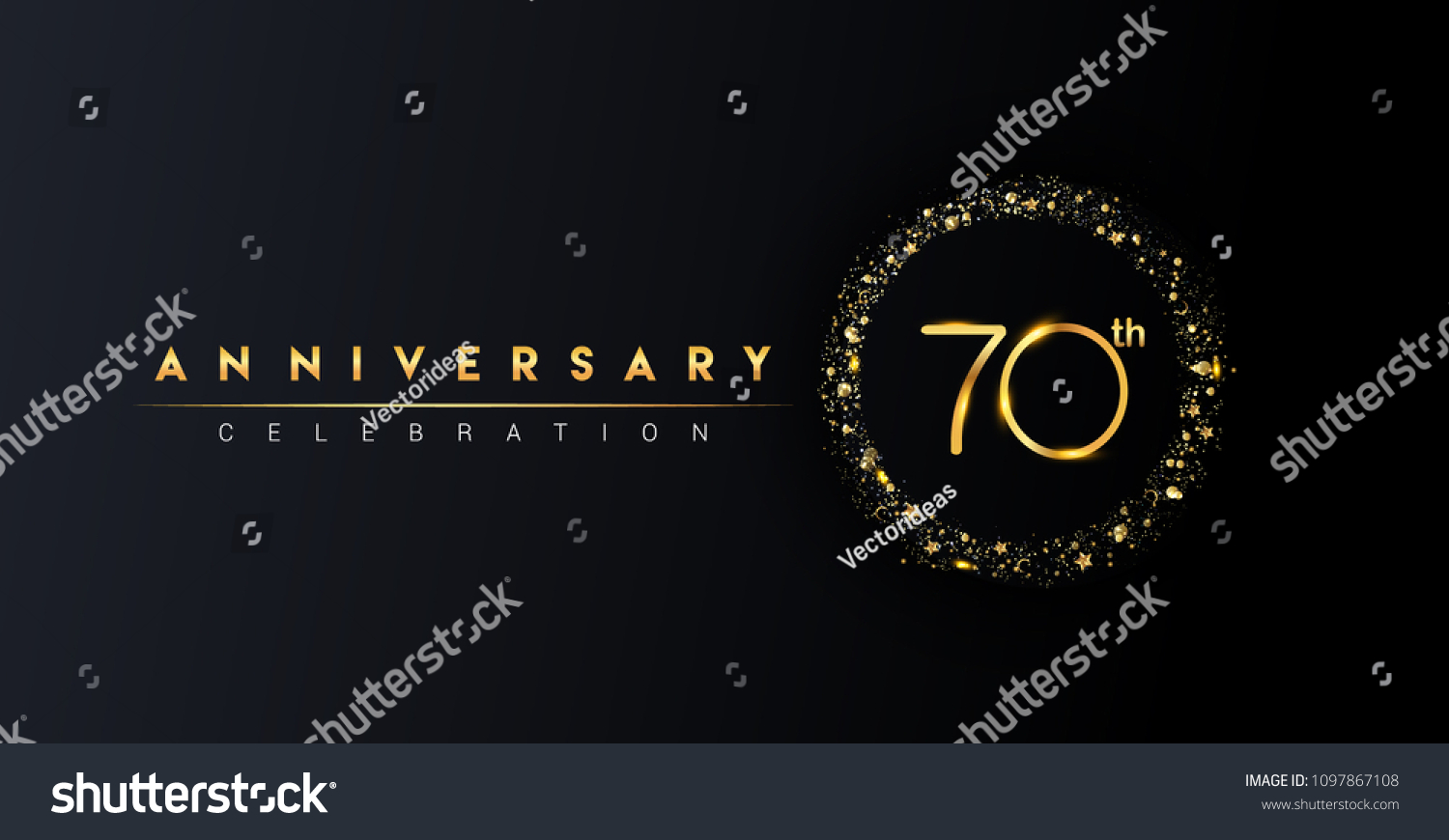 SVG of 70th anniversary logo with confetti and golden glitter ring isolated on black background, vector design for greeting card and invitation card. svg