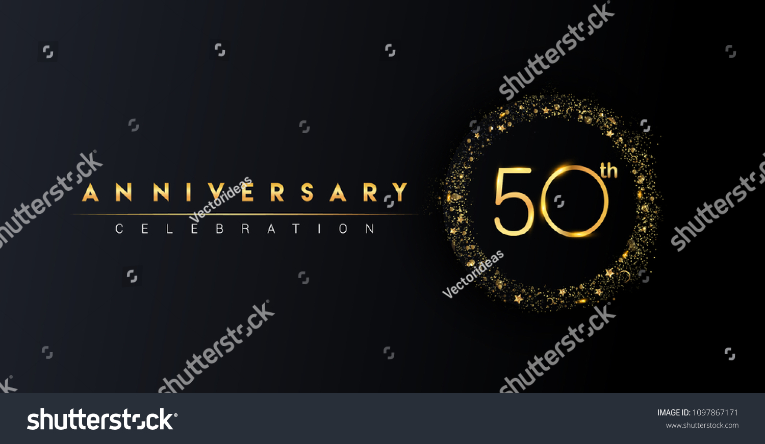 SVG of 50th anniversary logo with confetti and golden glitter ring isolated on black background, vector design for greeting card and invitation card. svg