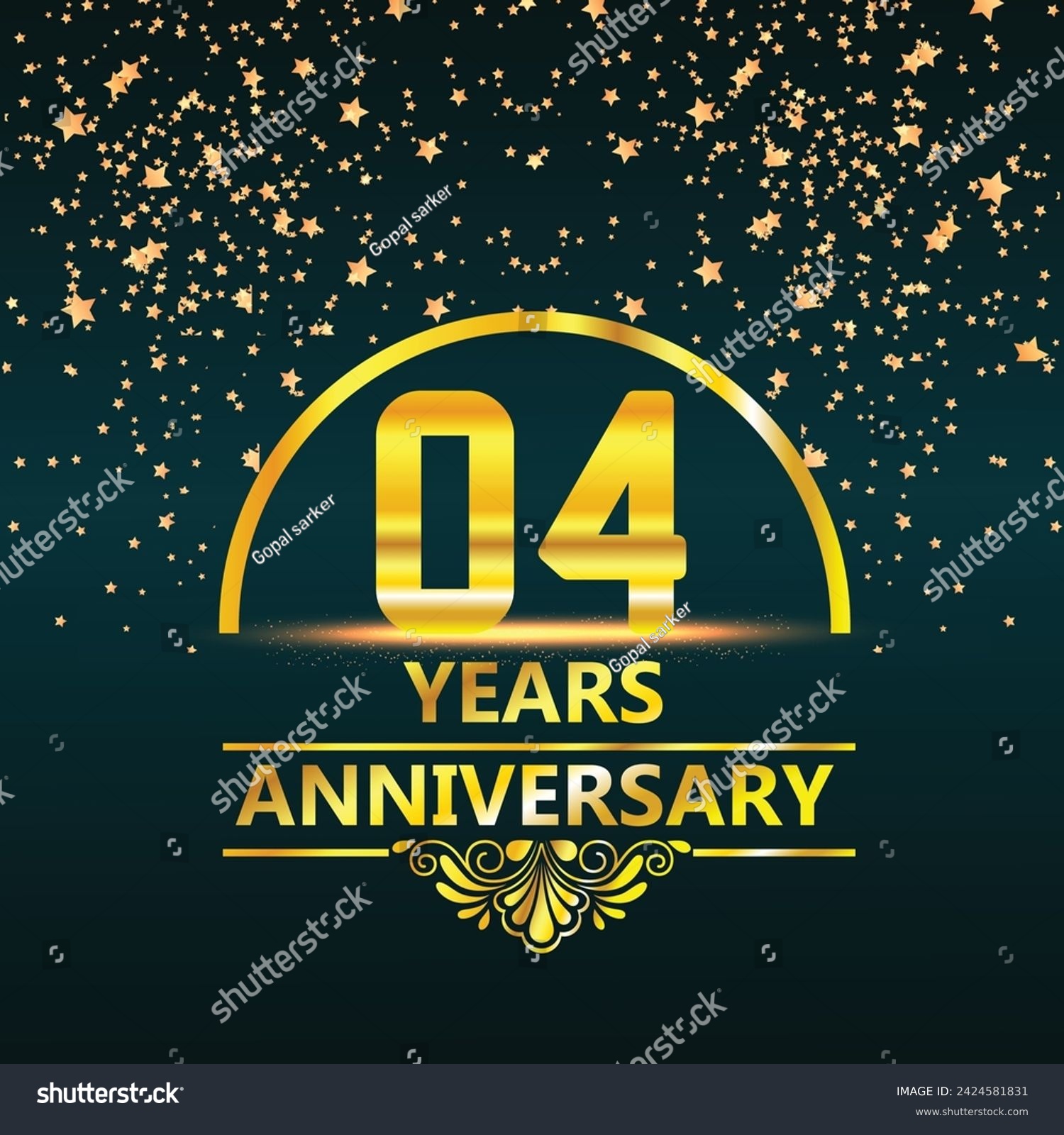SVG of 4th anniversary logo with golden ring, confetti and red ribbon isolated on elegant black background, sparkle, vector design for greeting card and invitation card svg