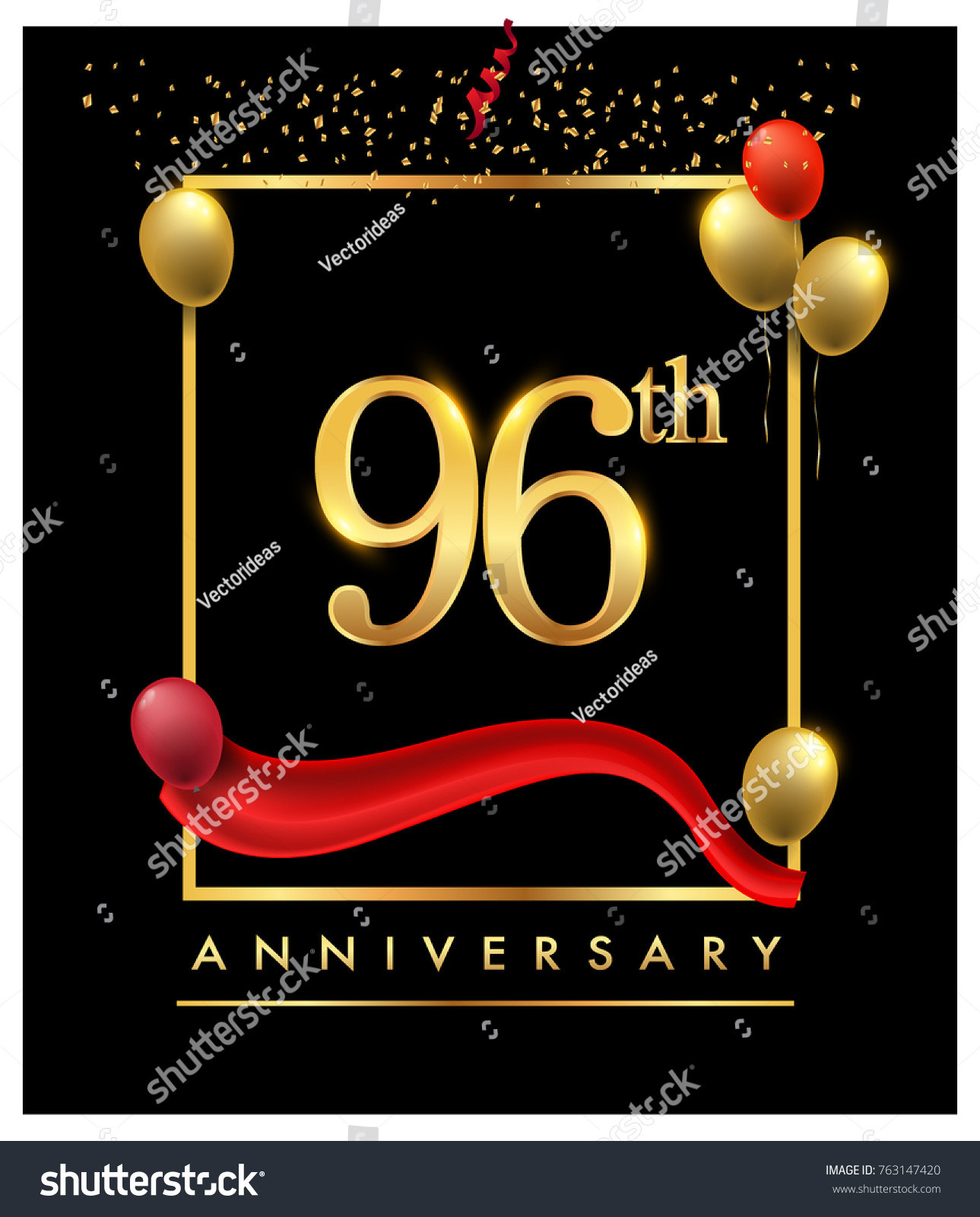 96th Anniversary Logo Red Ribbon Confetti Stock Vector Royalty Free