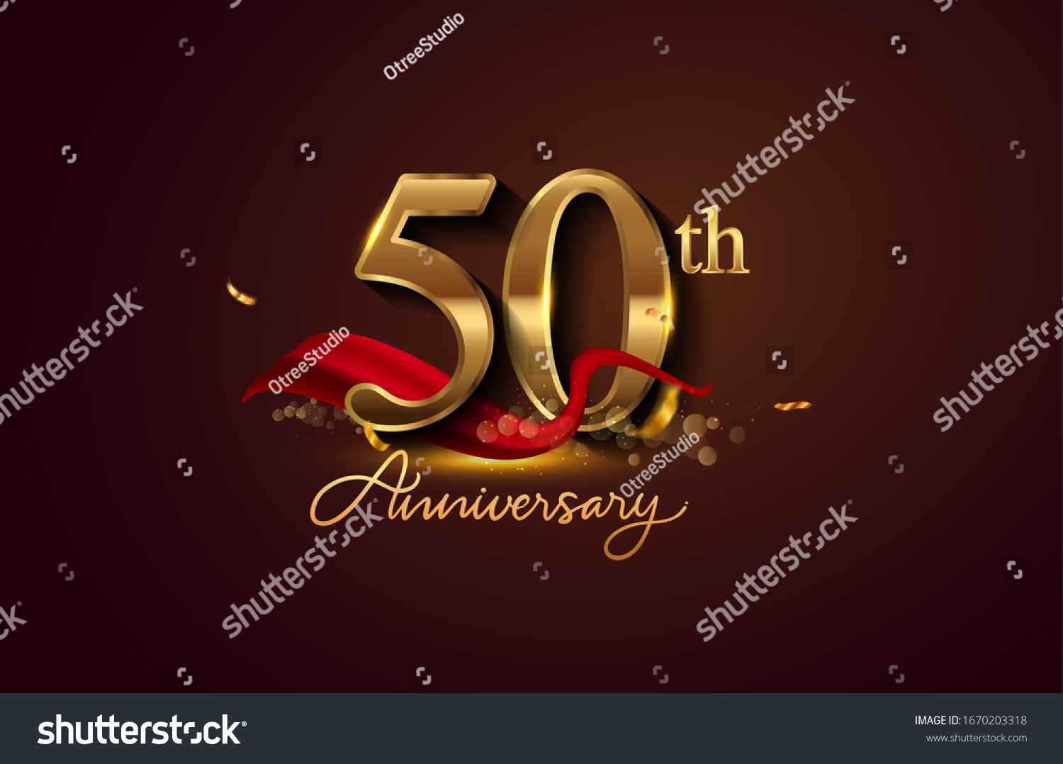 SVG of 50th anniversary logo with red ribbon and golden confetti isolated on elegant background, sparkle, vector design for greeting card and invitation card. svg