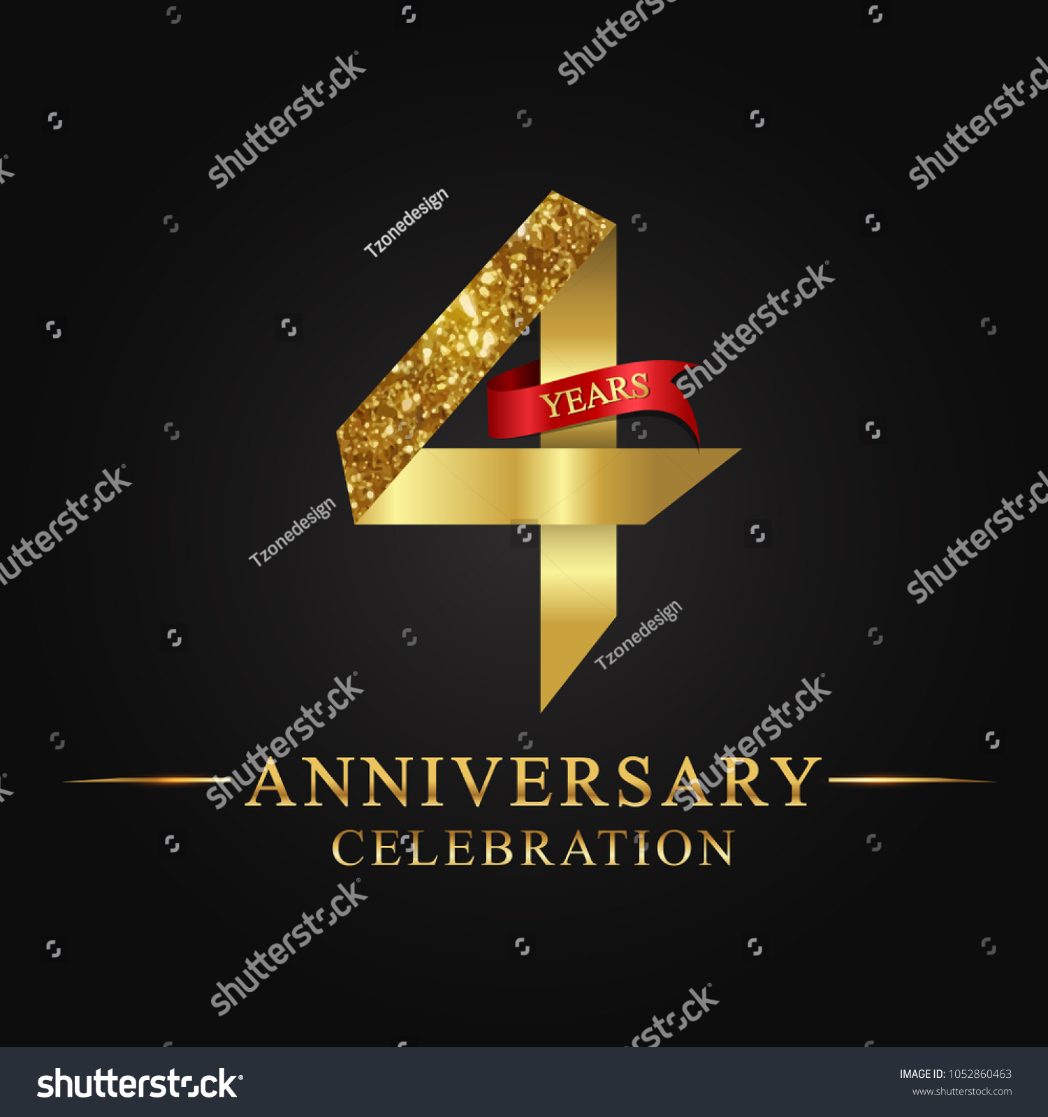 SVG of 4th anniversary years celebration logotype. Logo ribbon gold number and red ribbon on black background.  svg