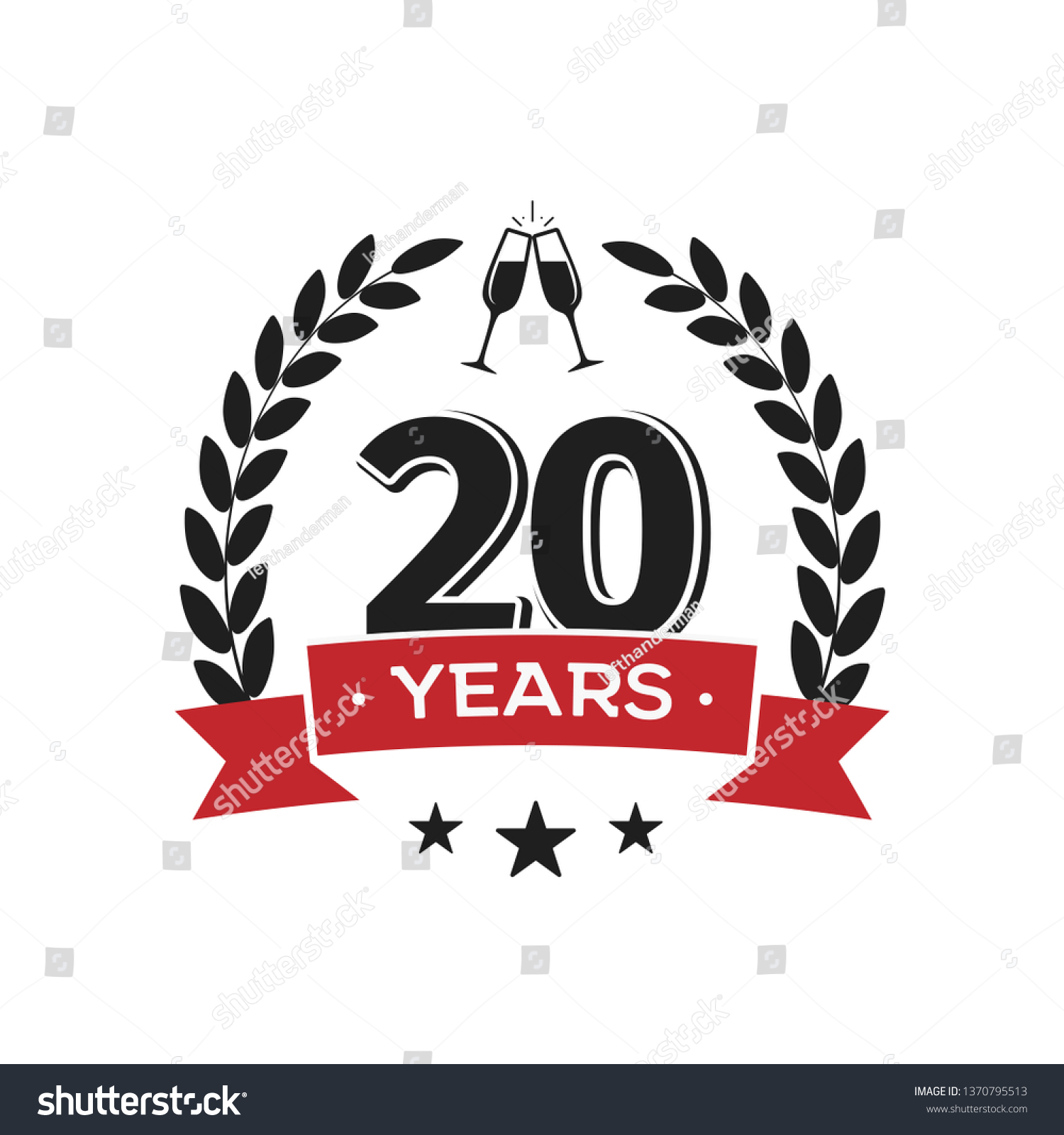 SVG of 20 th birthday vintage logo template. Twentieth years anniversary retro isolated vector emblem with red ribbon and laurel wreath on white background. svg