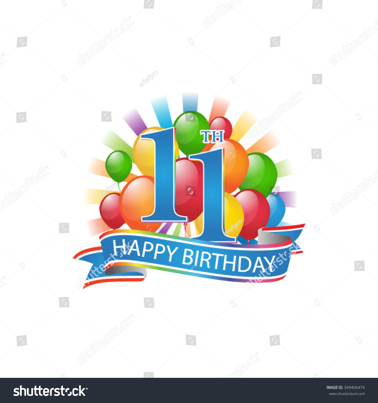 11th Colorful Happy Birthday Logo With Balloons And Burst Of Light ...