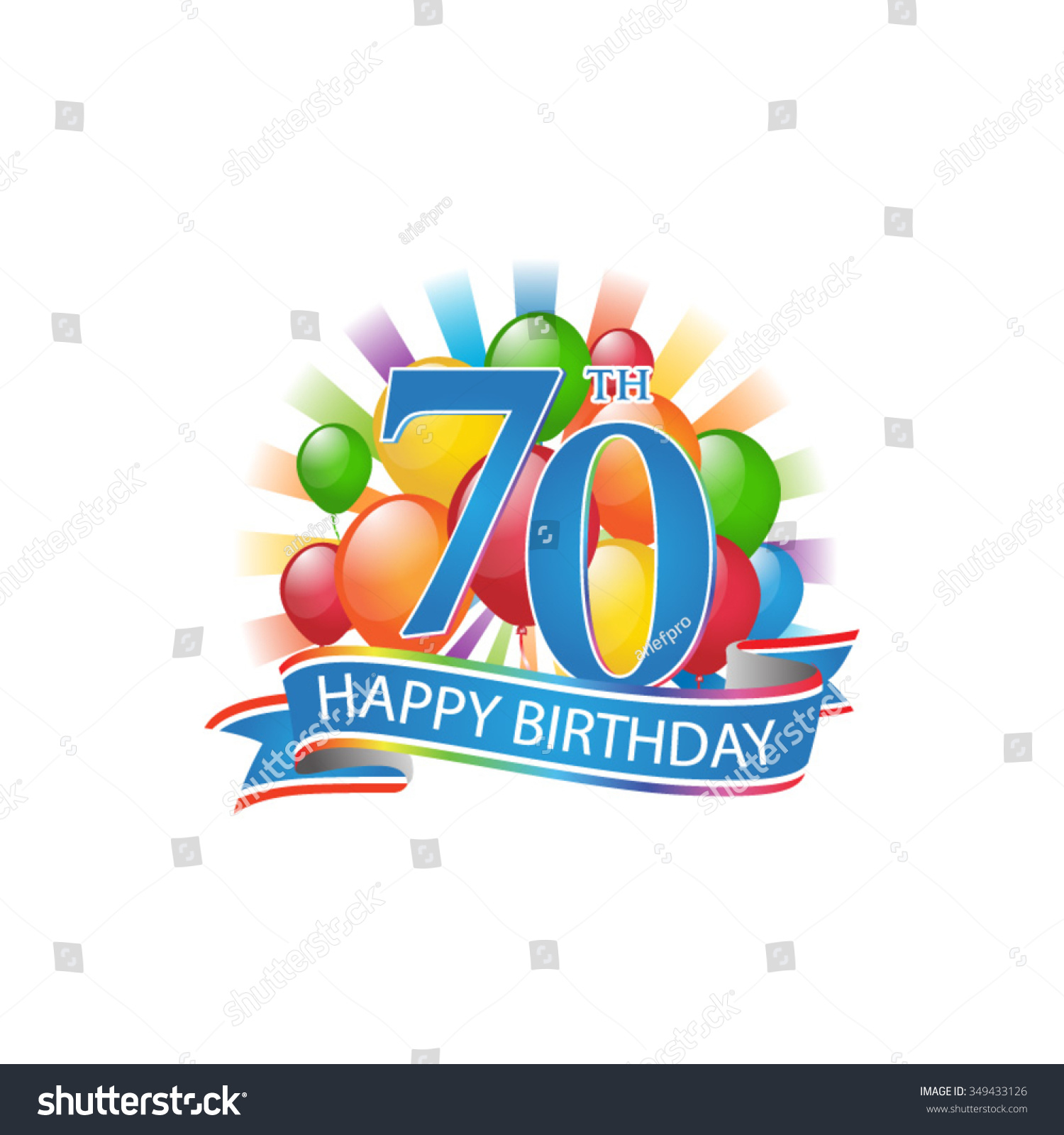 SVG of 70th colorful happy birthday logo with balloons and burst of light svg