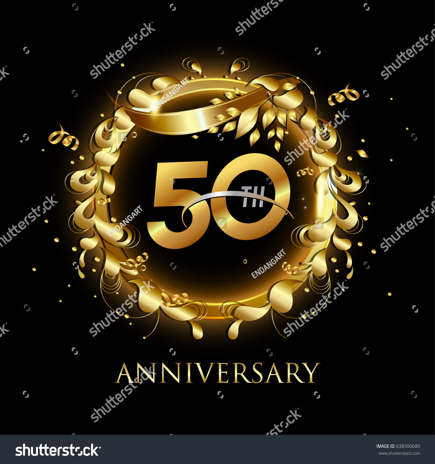 SVG of 50th gold anniversary celebration With confetti, ring, and abstract elements, isolated on dark background svg