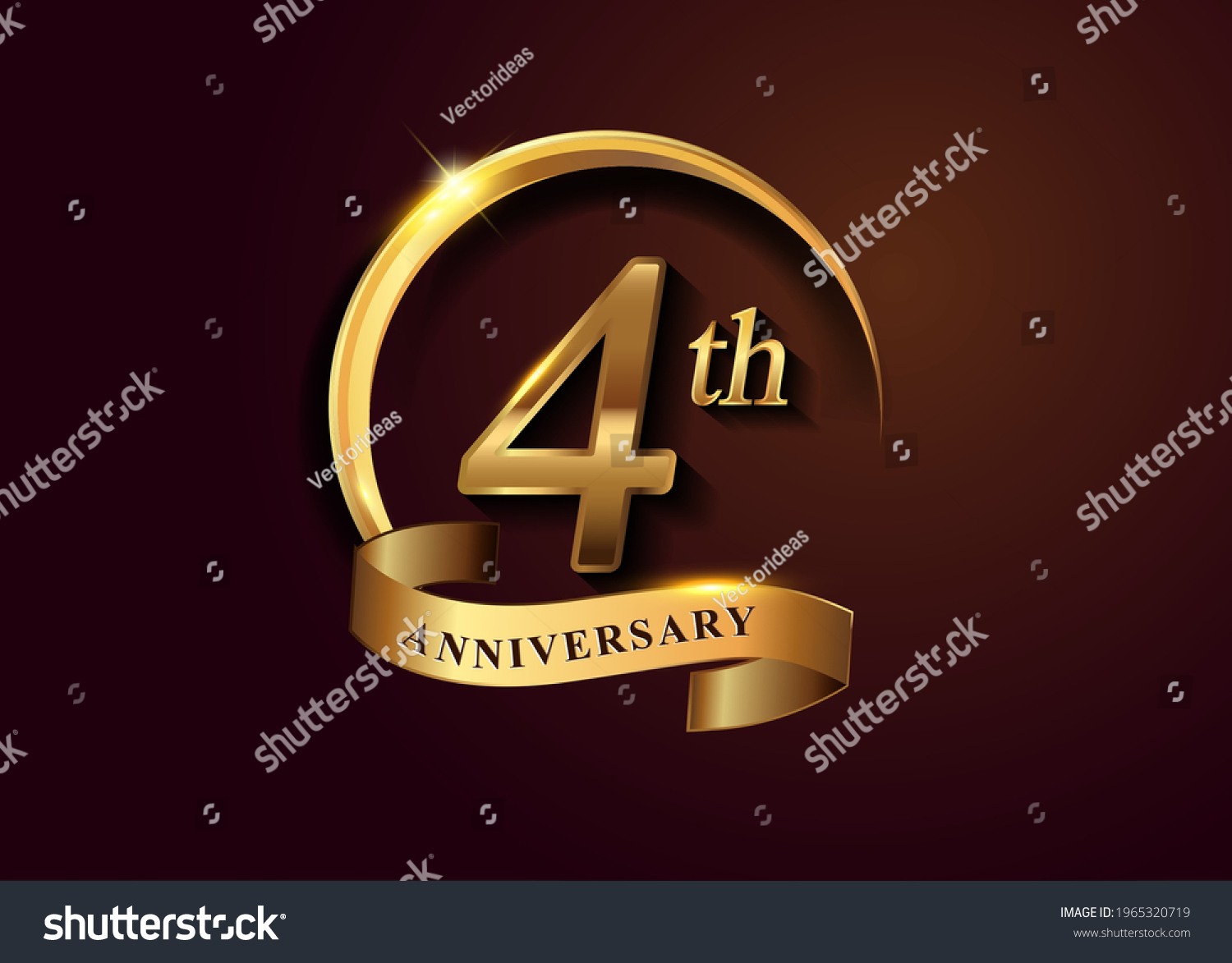 SVG of 4th golden anniversary logo with gold ring and golden ribbon, vector design for birthday celebration, invitation card. svg