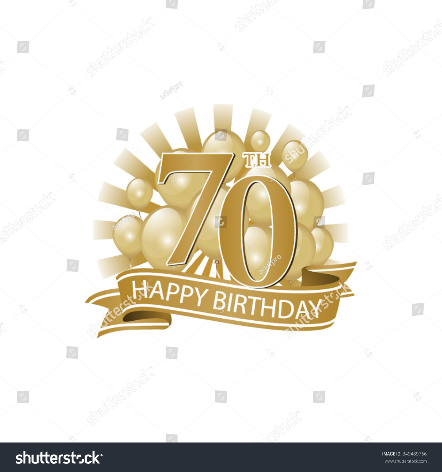 SVG of 70th golden happy birthday logo with balloons and burst of light svg