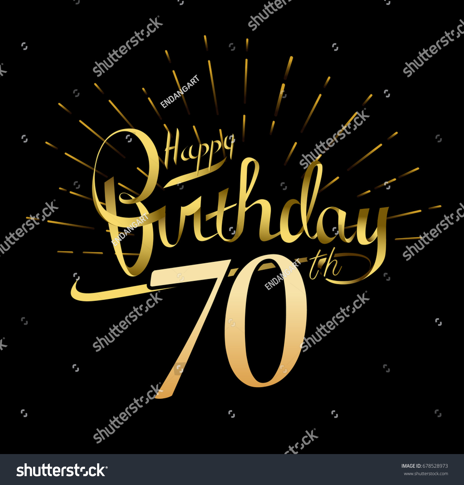 SVG of 70th Happy Birthday logo. Beautiful greeting card poster with calligraphy Word gold fireworks. Hand drawn design elements. Handwritten modern brush lettering on a black background isolated vector svg