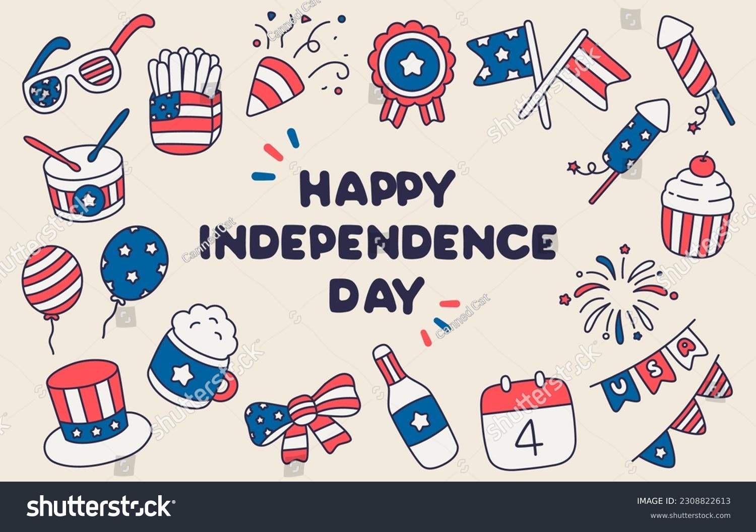 SVG of 4th July Happy USA Independence Day Doodle flat  Vector Icon Clipart (Clip Art). Cute America national isolated symbols elements  on white background. svg