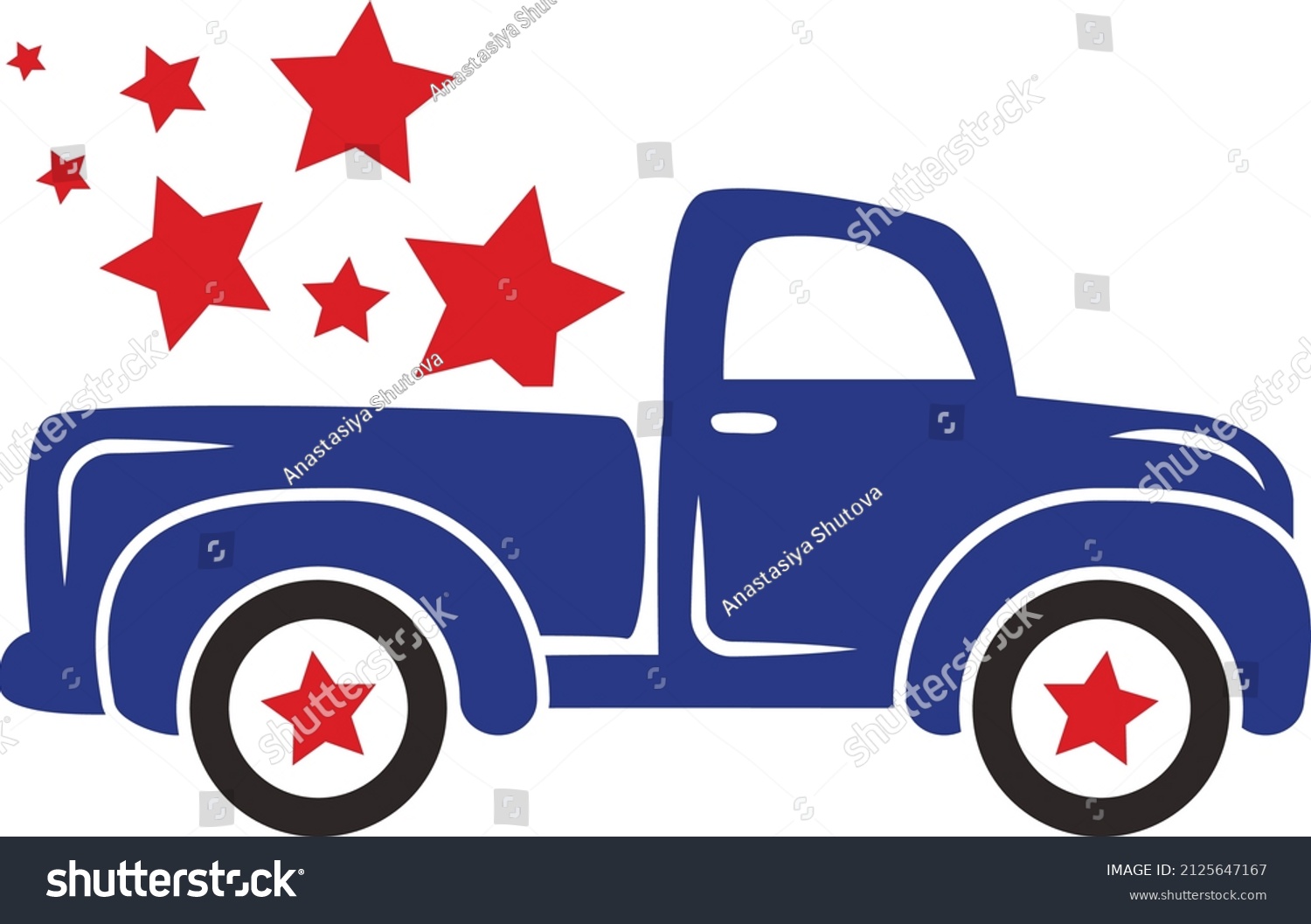 SVG of 4th of July truck vector illustration isolated on white background. Fourth of July Svg cut file for shirts, apparel, cards. Patriotic truck with stars svg