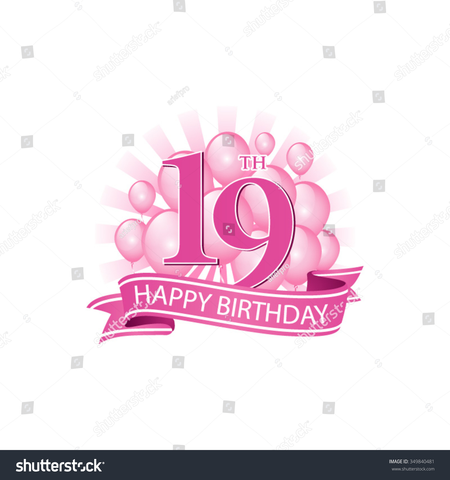 19th Pink Happy Birthday Logo With Balloons And Burst Of Light Stock ...