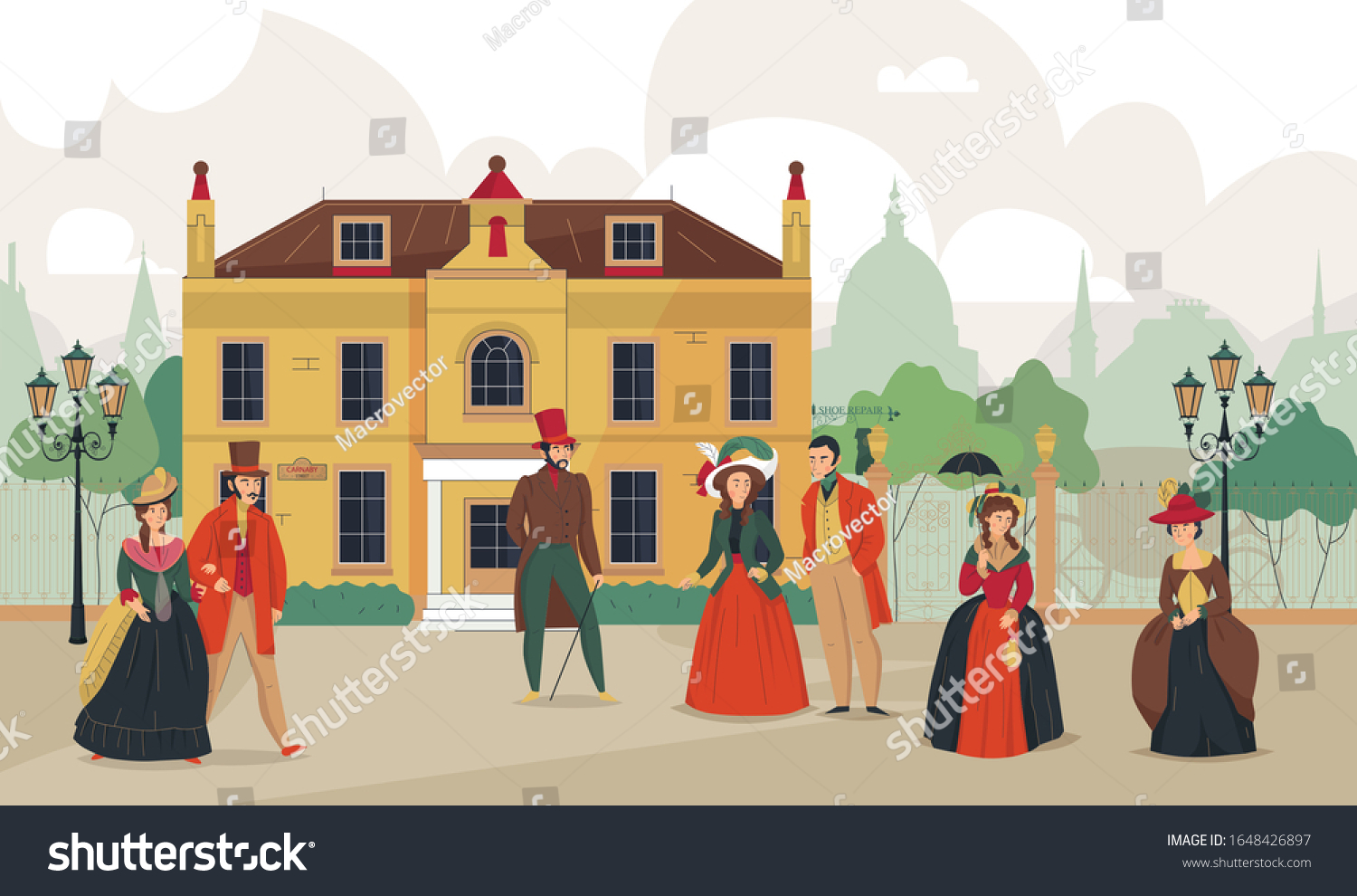 SVG of 18th 19th century old town victorian composition with outdoor landscape historic cityscape and characters of people vector illustration svg