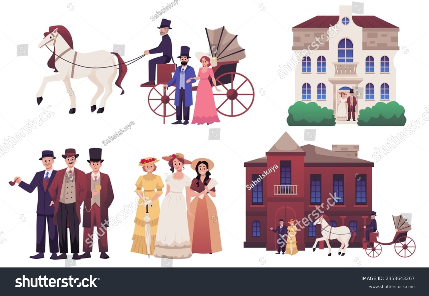 SVG of 18th 19th century old town victorian set of classic european architecture and people. Vector illustrations of men, women in historical fashion costumes. Buildings, astles, carriage with white horse svg