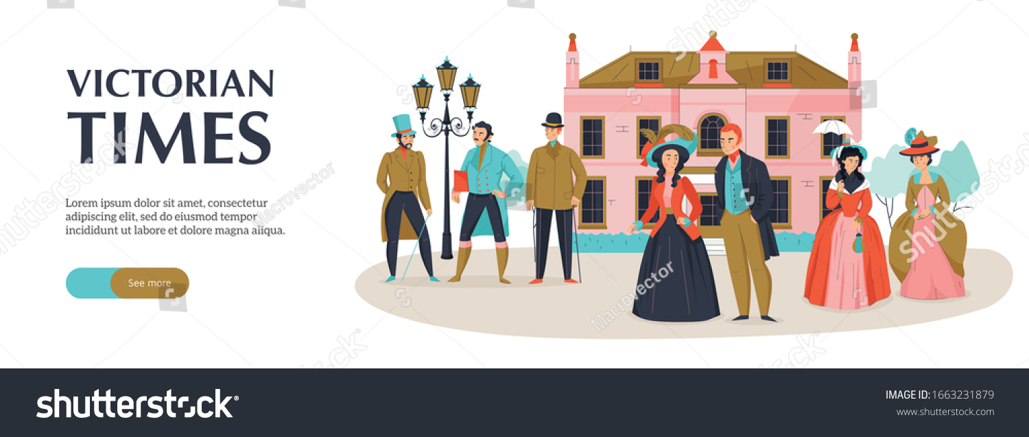 SVG of 18th 19th century victorian old town fashion horizontal banner with editable text button and medieval scenery vector illustration svg
