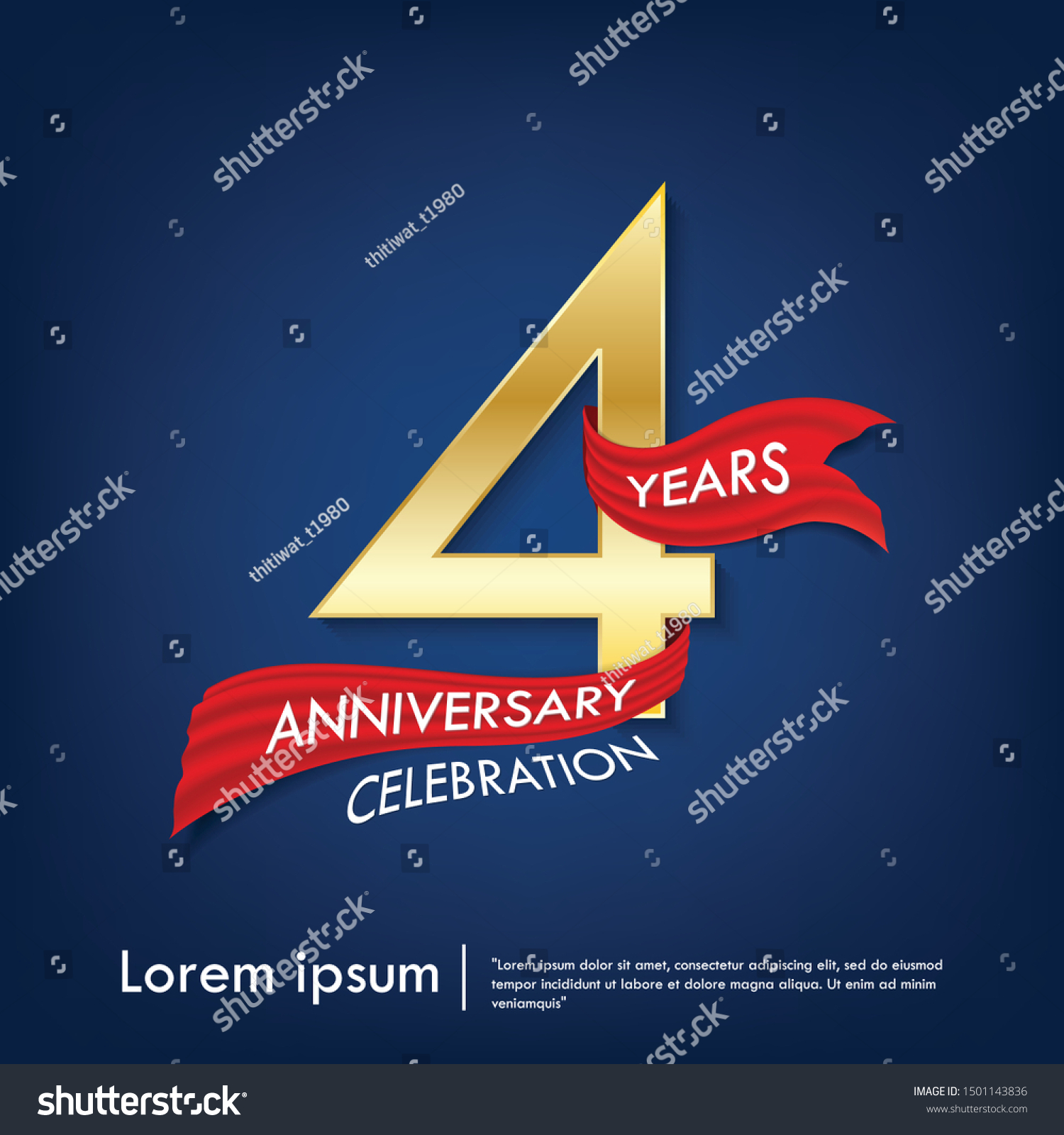 SVG of 4th years anniversary celebration emblem. anniversary elegance golden logo with red ribbon on dark blue background, vector illustration template design for celebration greeting and invitation card svg