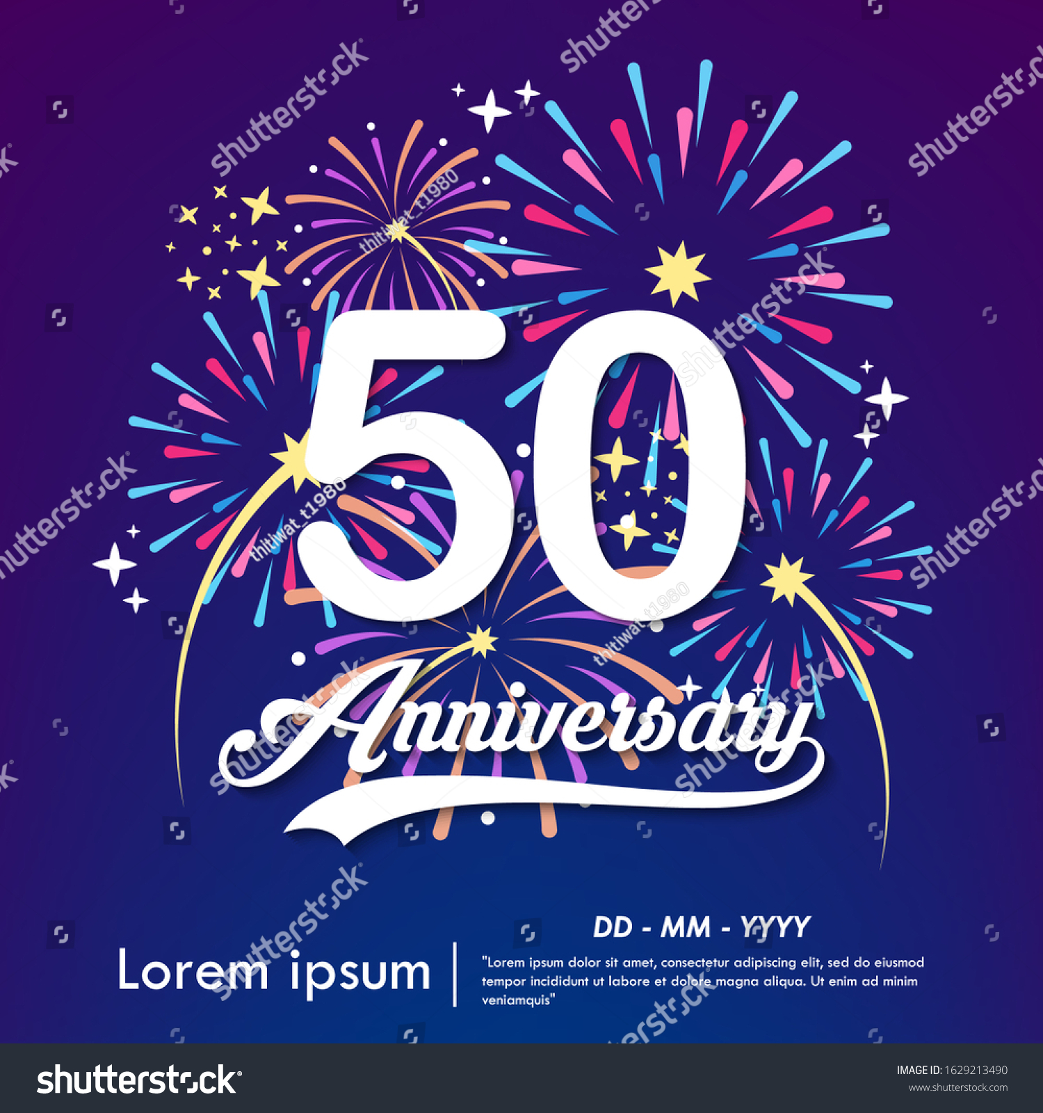 SVG of 50th years anniversary celebration emblem. white anniversary logo isolated with colorful fireworks background. vector illustration template design for web, flyers, poster, greeting & invitation card svg
