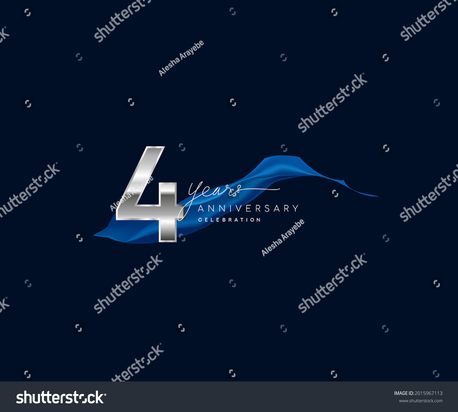 SVG of 4th Years Anniversary celebration logotype silver colored with blue ribbon and isolated on dark blue background svg