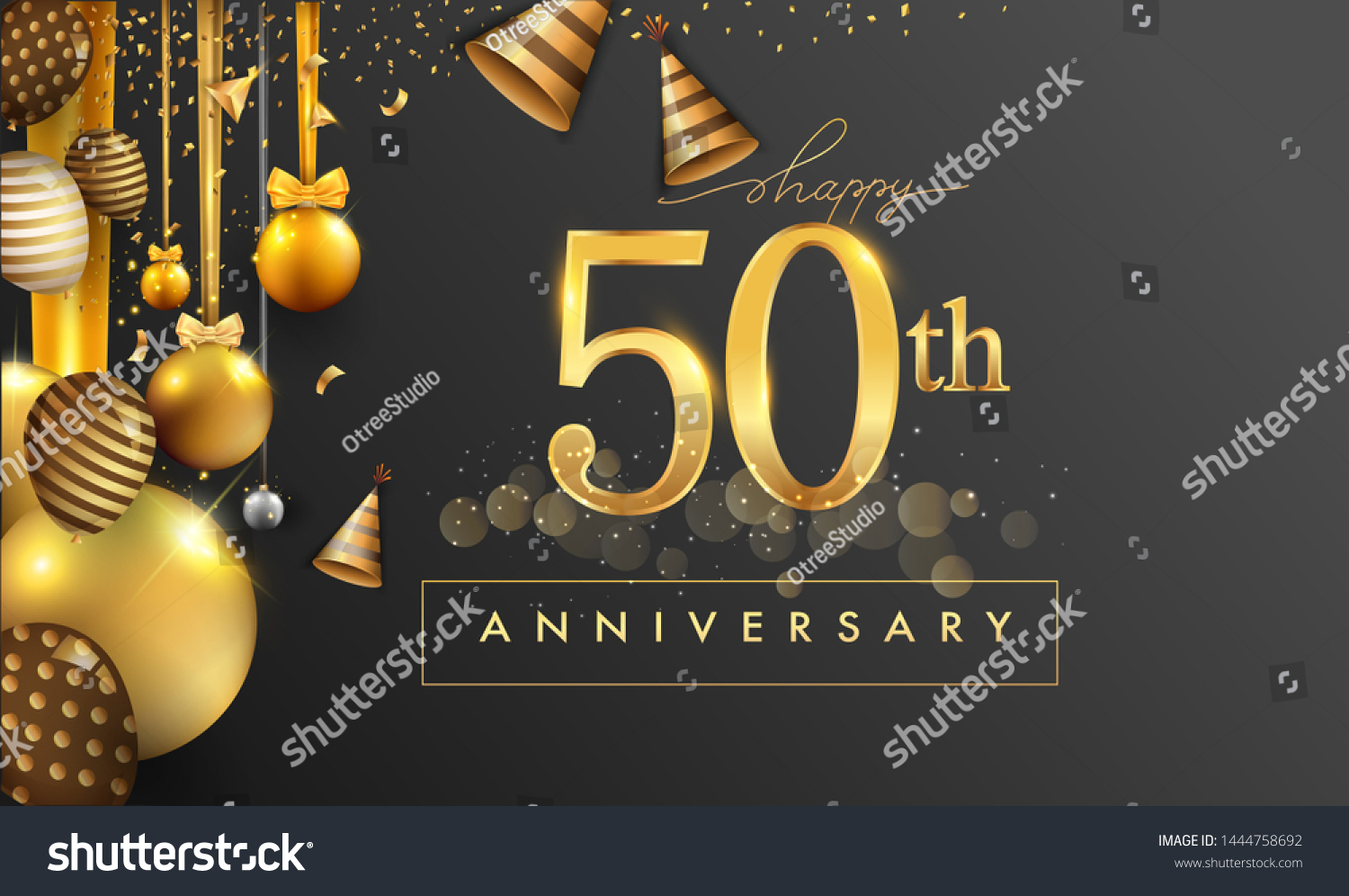 SVG of 50th years anniversary design for greeting cards and invitation, with balloon, confetti and gift box, elegant design with gold and dark color, design template for birthday celebration. svg