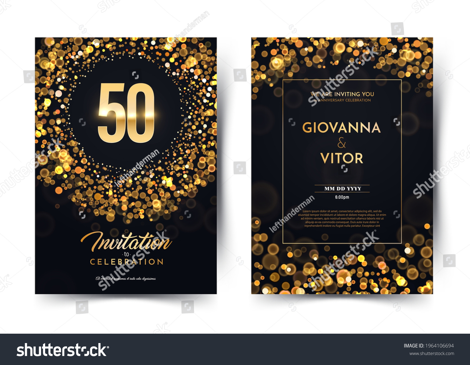 SVG of 50th years birthday vector black paper luxury invitation double card. Fifty years wedding anniversary celebration brochure. Template of invitational for print dark background with bokeh lights svg