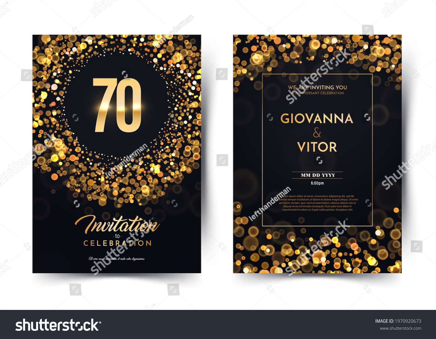 SVG of 70th years birthday vector black paper luxury invitation double card. Seventy years wedding anniversary celebration brochure. Template of invitational for print dark background with bokeh lights svg