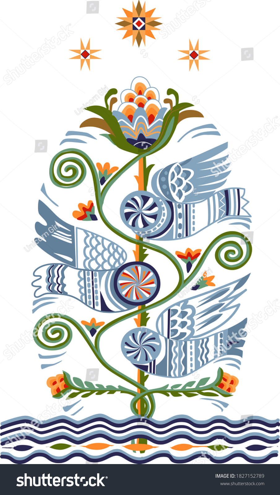 SVG of 
The scheme for embroidery three birds with a flower and leaves twisted in a spiral fly over the stars and the river made in the Ukrainian style svg