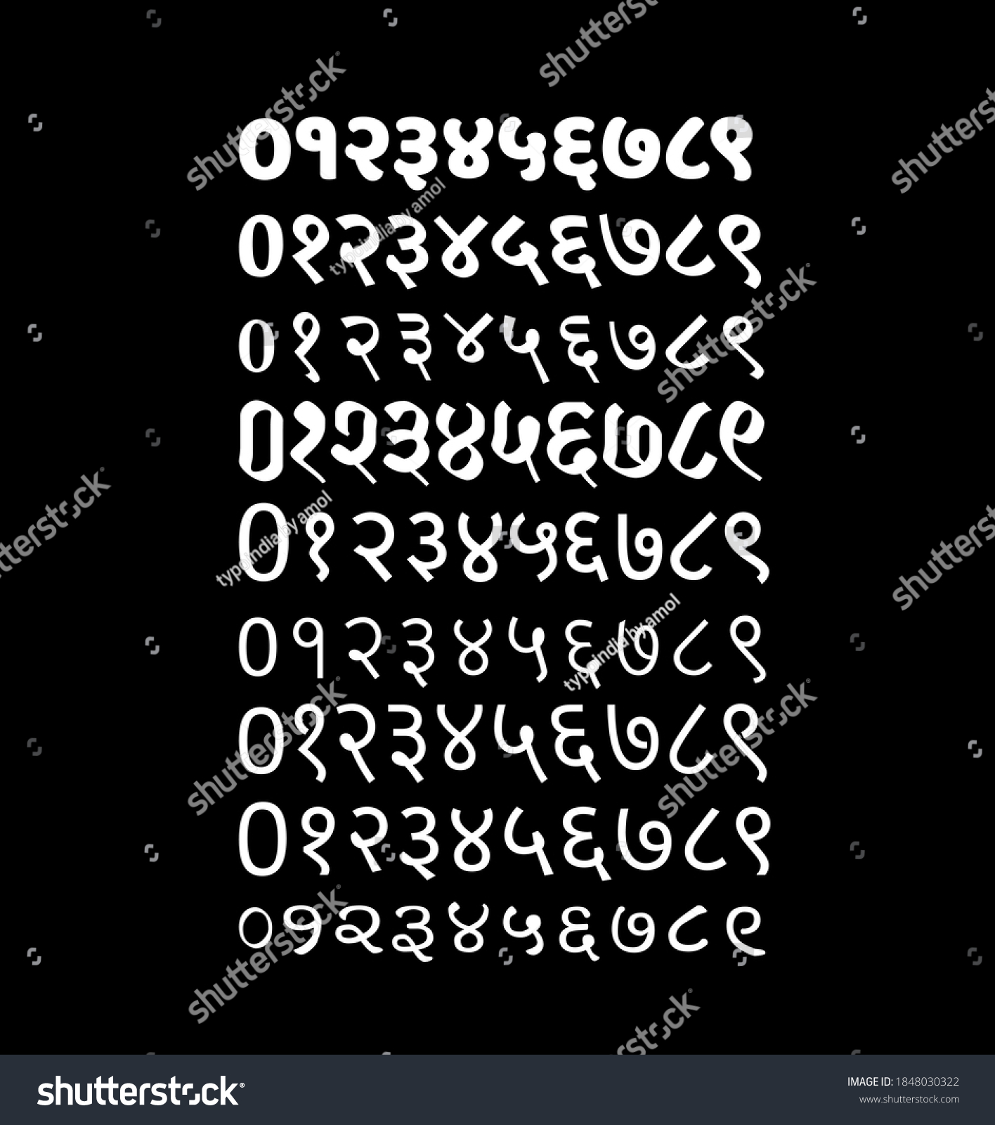 SVG of 0 to 9 Devanagari digits in nine different font. Hindi digits.  svg