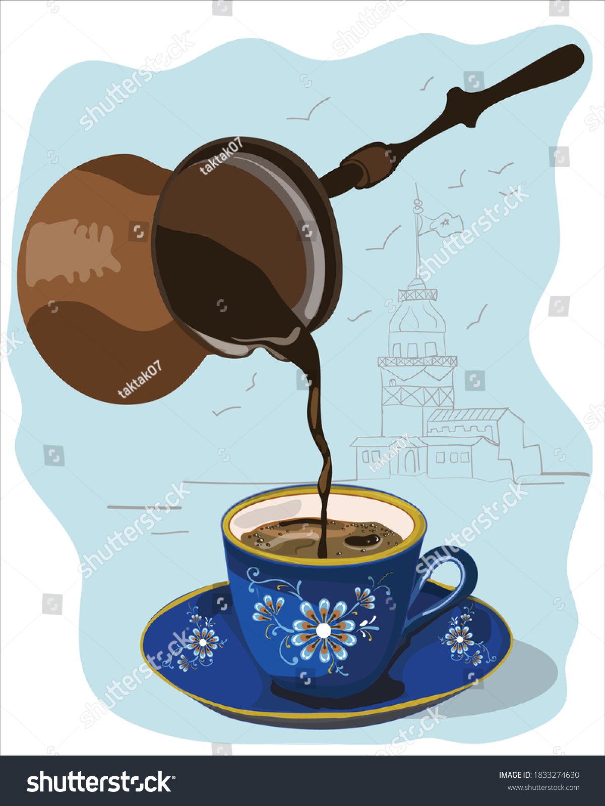SVG of 
traditional turkish coffee and coffee pot
background maiden tower vector illustration svg