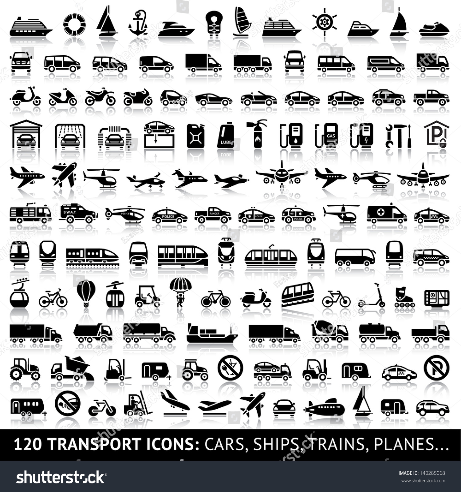 SVG of 120 Transport icon with reflection: Cars, Ships, Trains, Planes..., vector illustrations, set silhouettes isolated on white background. svg