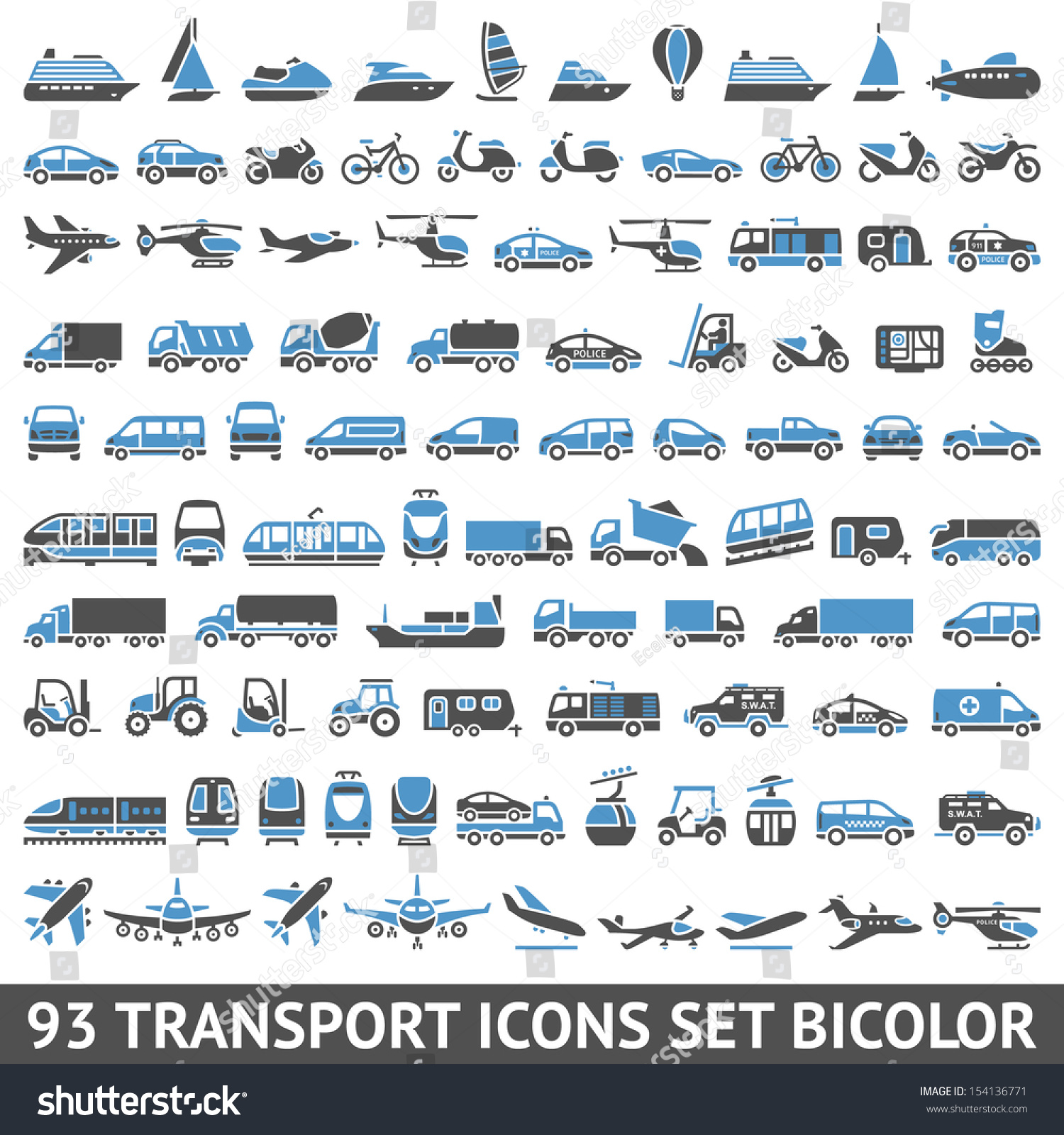 SVG of 93 Transport icons set bicolor (blue and gray colors), vector illustrations, silhouettes isolated on white background svg