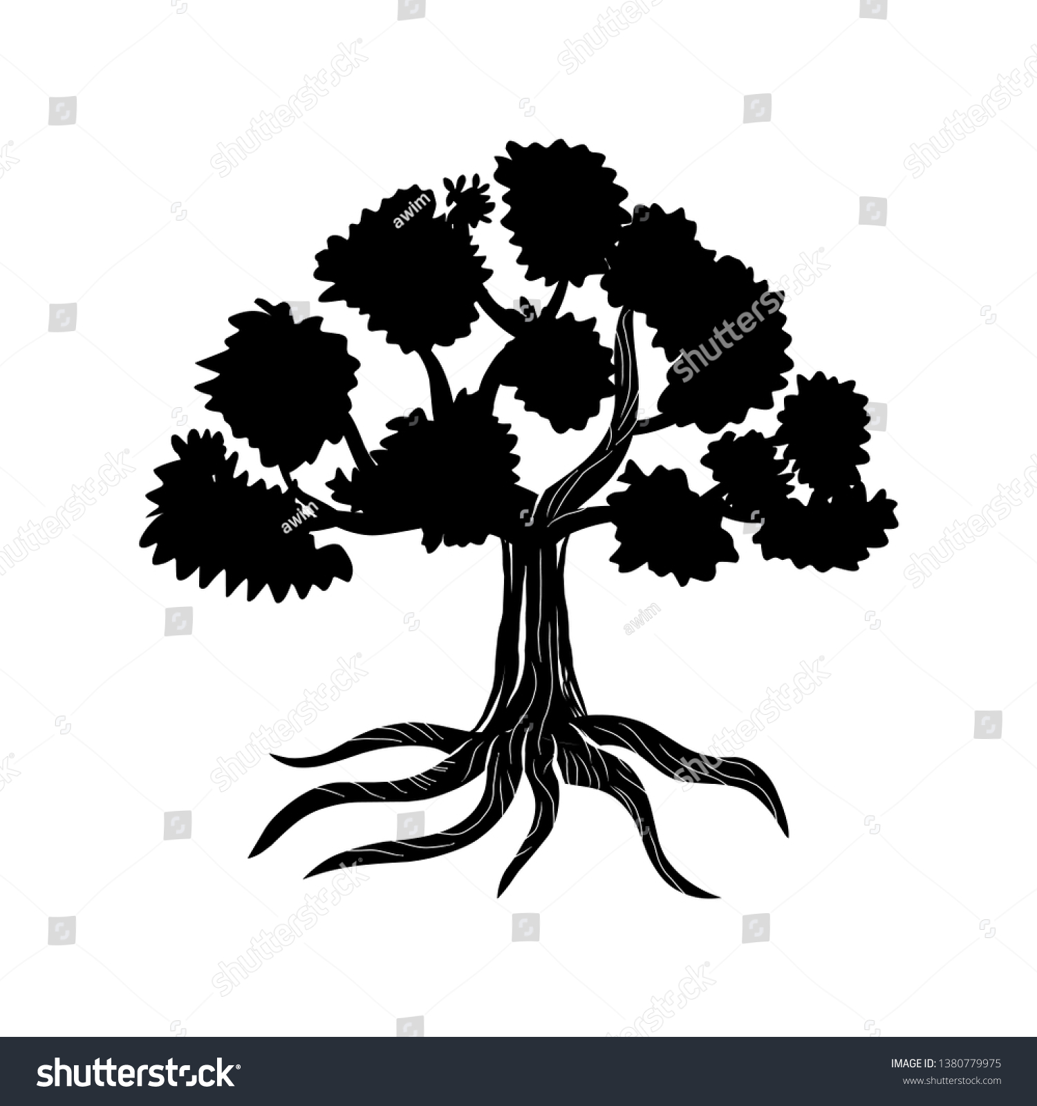 Tree Vector Silhouette Black White Stock Vector (Royalty Free) 1380779975