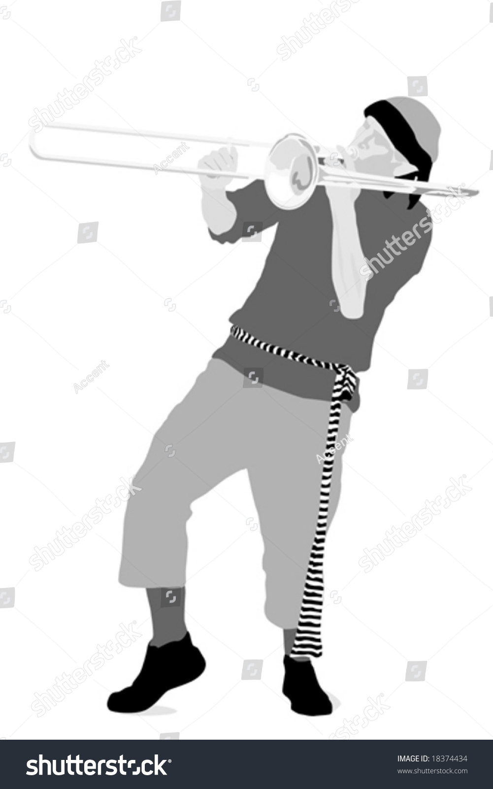grayscale musician playing trombone, action pose clip art preview