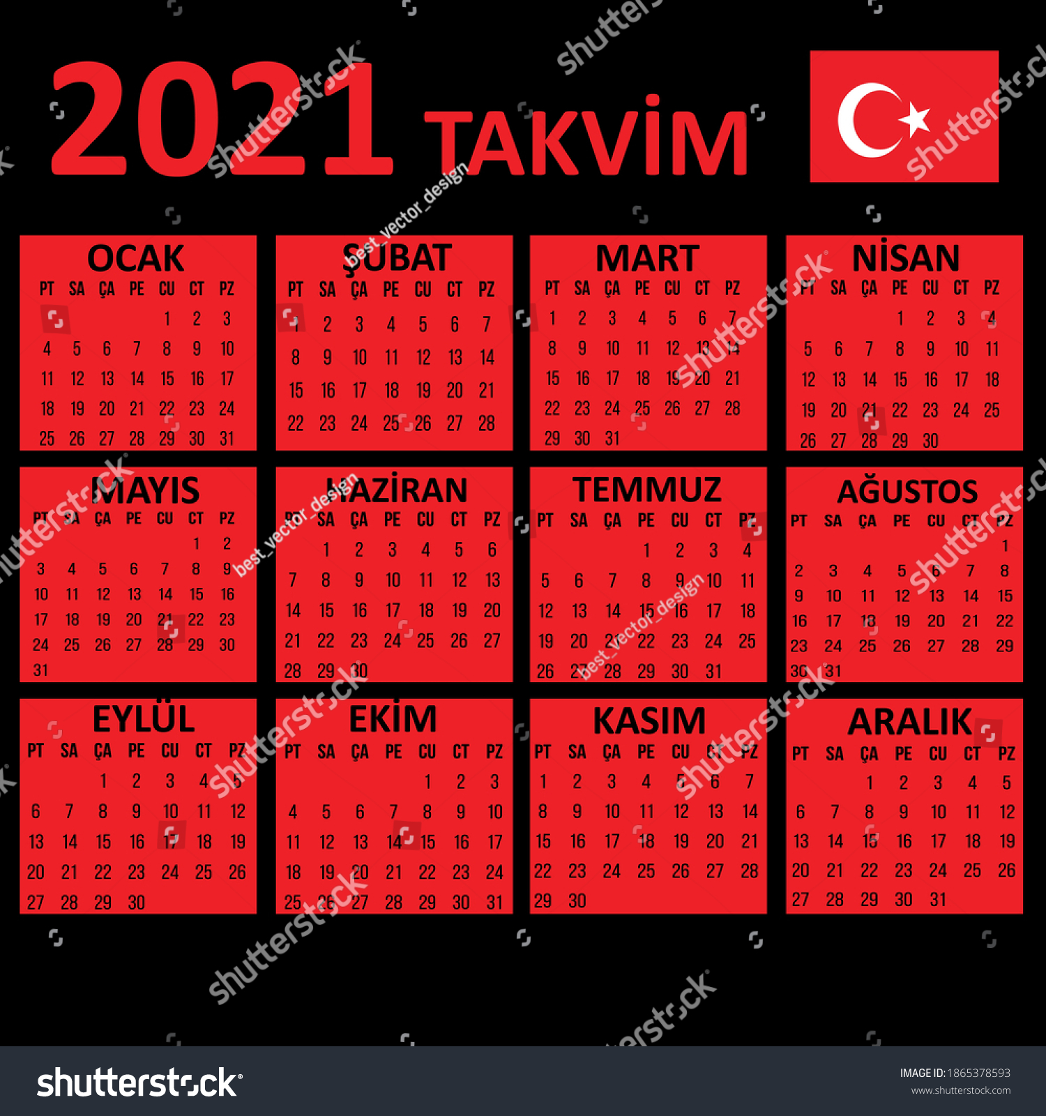 2021 Turkish Language Calendar Template Minimalist Stock Vector ...