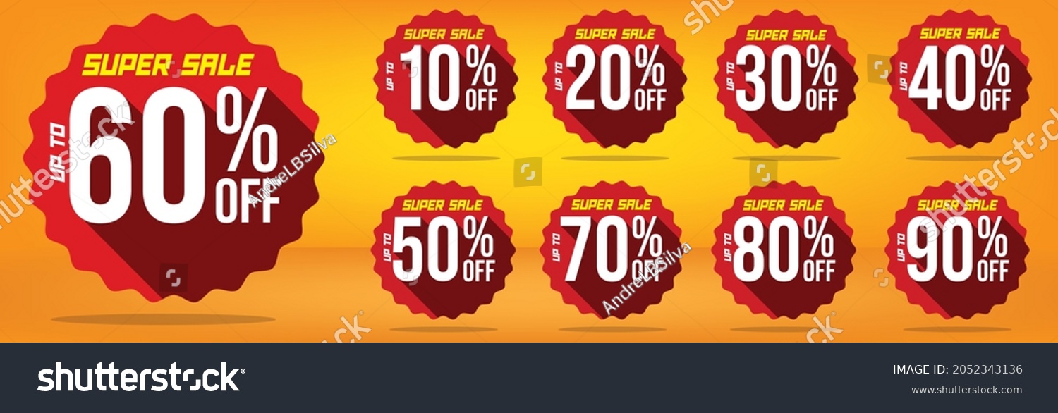 SVG of 60% up to off super sale banner, tags red and brown circle 60 percent, 10, 20, 30, 40, 50, 60, 70, 80, 90 with with yellow and orange background design svg