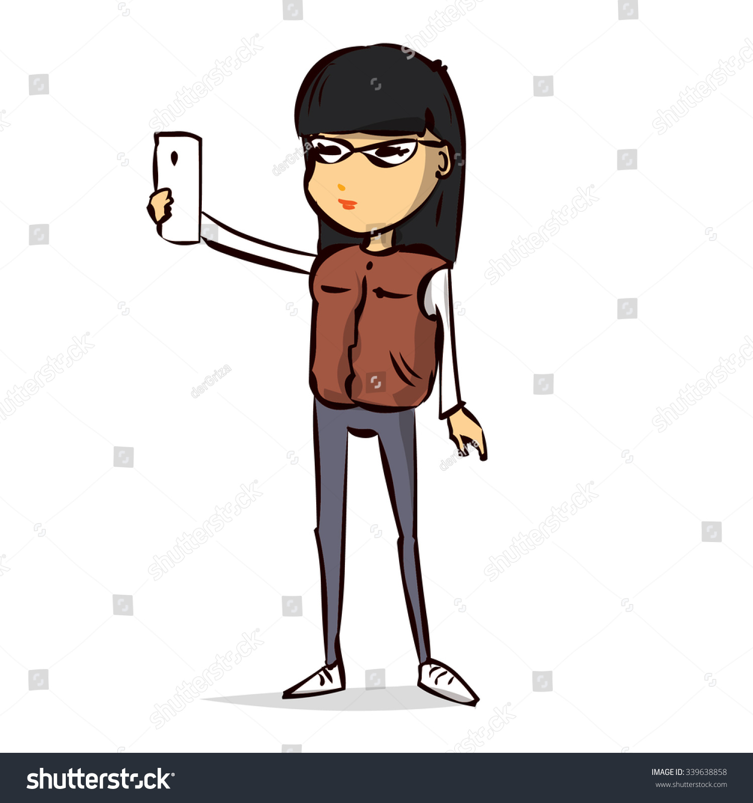 Girl Making Selfie Hand Drawn Cartoon เวกเตอร์สต็อก ปลอดค่าลิขสิทธิ์