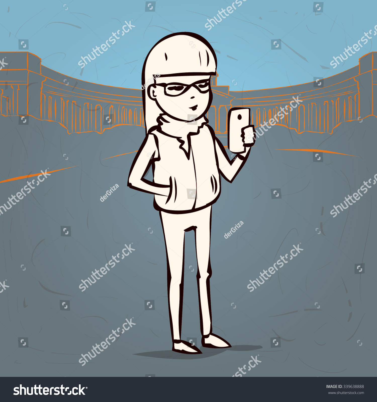 Girl Making Selfie Hand Drawn Cartoon Vector De Stock Libre De