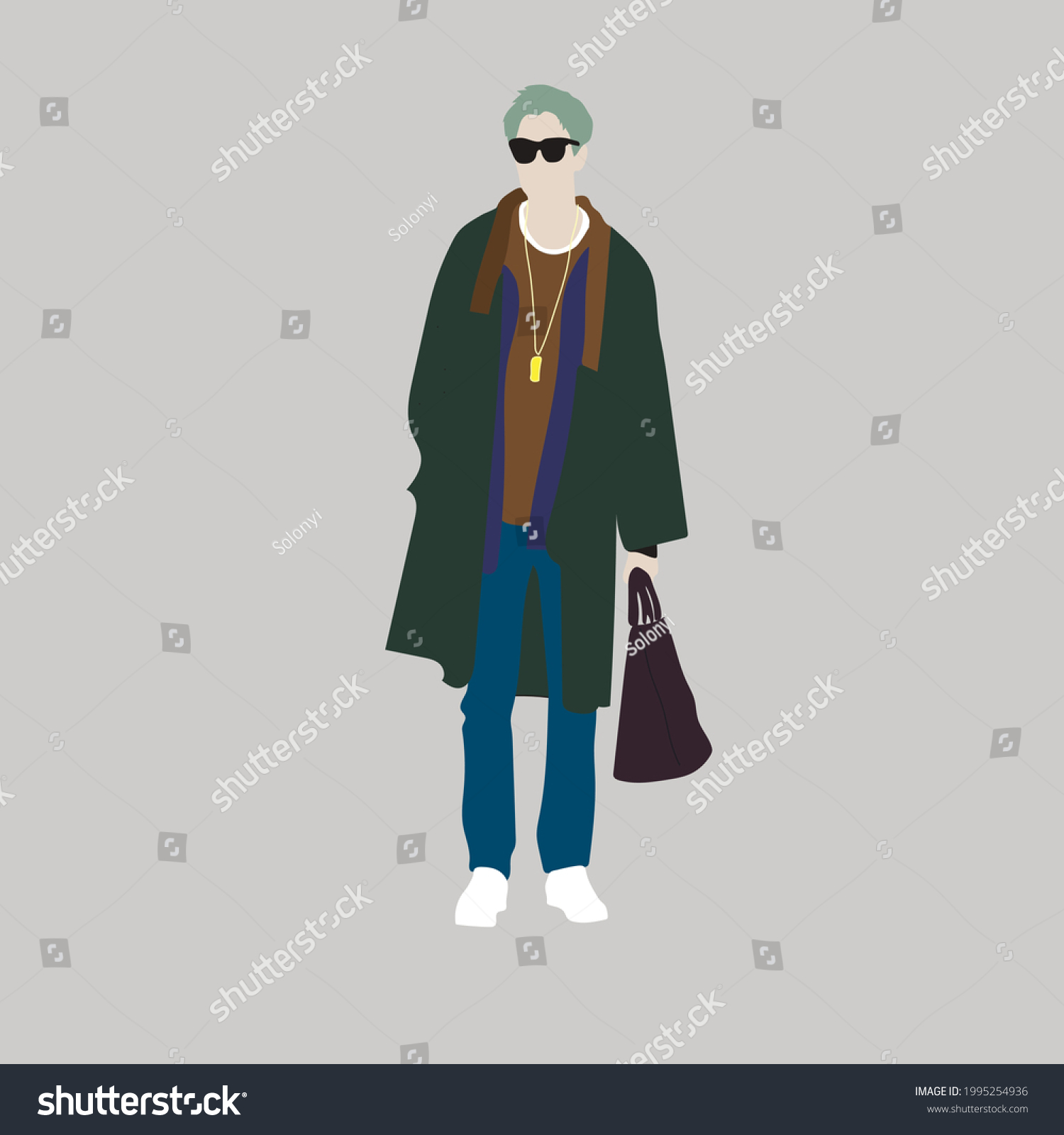 SVG of  Vector illustration of Kpop street fashion. Street idols of Koreans. Kpop men's fashion idol.A guy in a green coat with jeans and a bag. svg