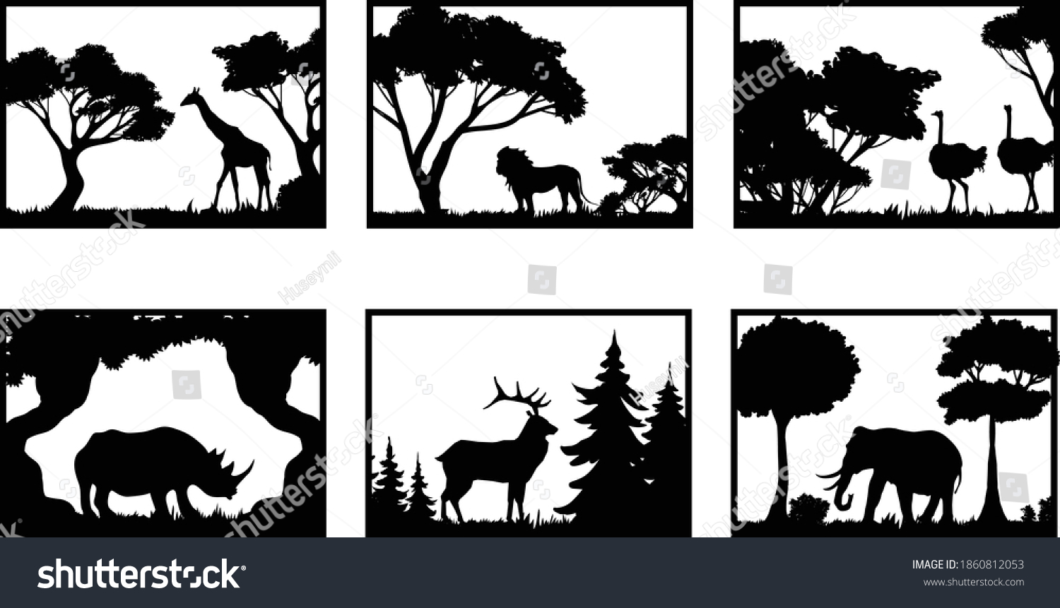 SVG of 6 Wildlife scenes with animals 3D models and vector files. | cnc file, laser cutting file | Dxf, Svg, Max, Cdr, Eps, FBX, AI, 3DS |Set 099| svg