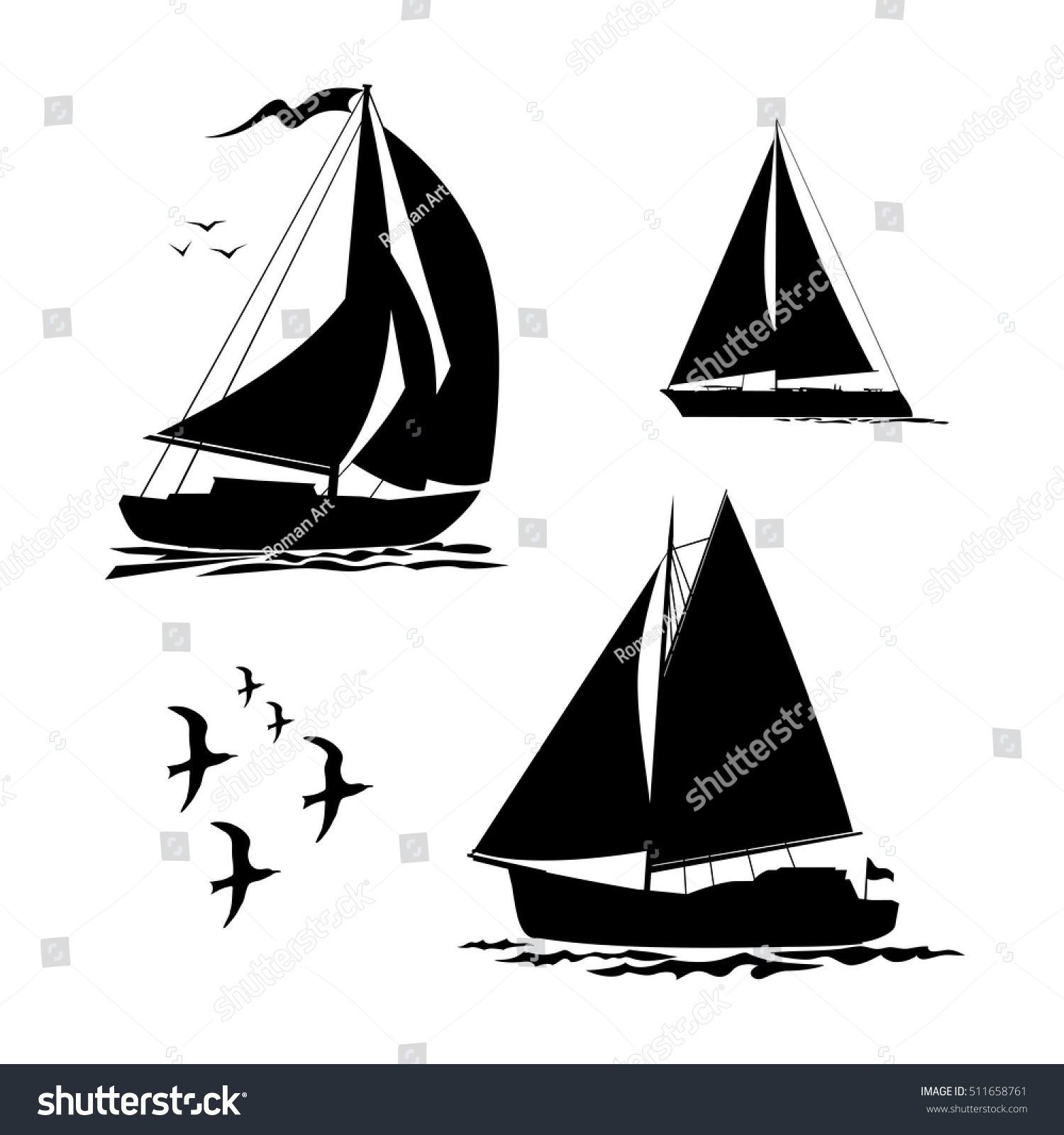 ヨット 帆船 カモメがセットされた 白い背景に黒いシルエット ベクターイラスト のベクター画像素材 ロイヤリティフリー