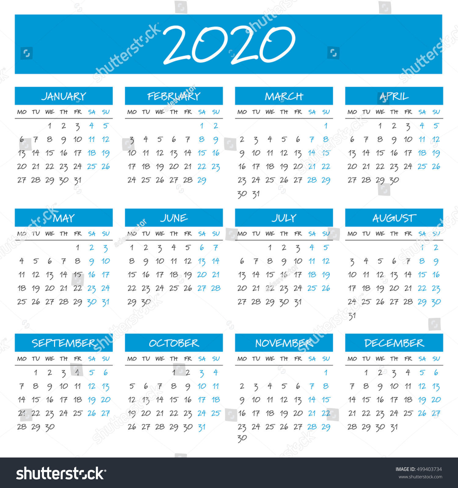 2020 Year Calendar Stock Vector Illustration 499403734 : Shutterstock