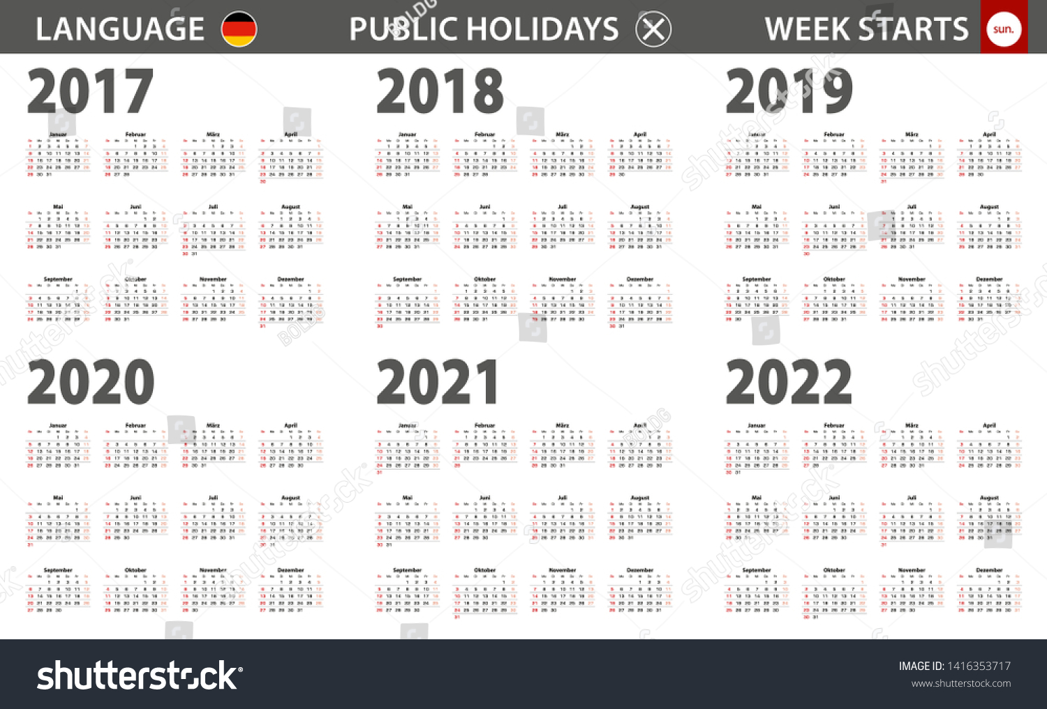 20172022 Year Calendar German Language Week Stock Vector (Royalty Free ...