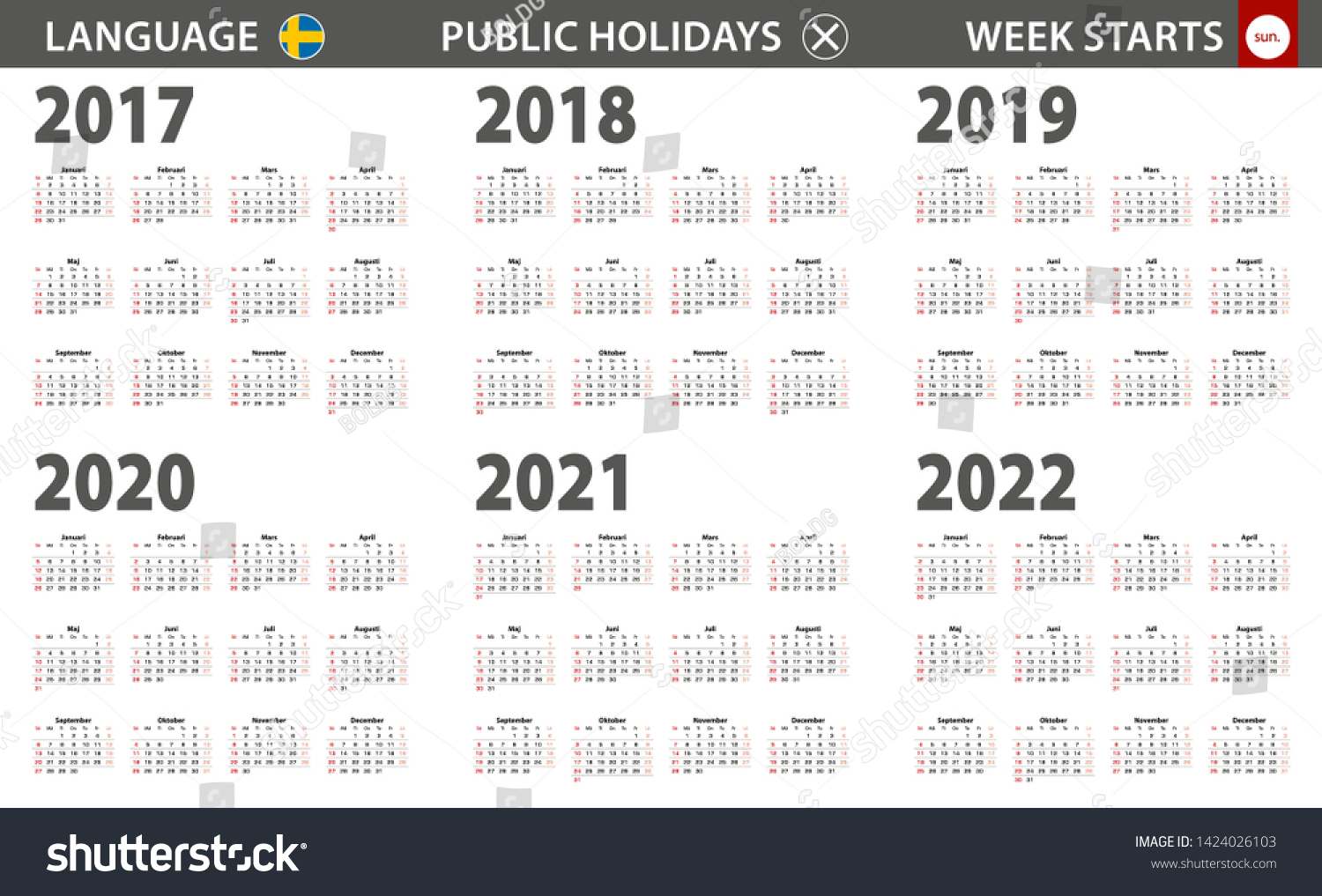 20172022 Year Calendar Swedish Language Week Stock Vector (Royalty Free ...