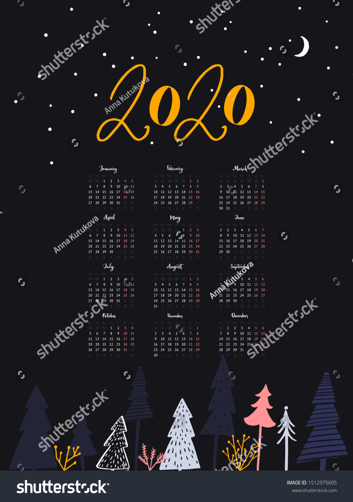 2020 Year Calendar One Sheet Layout Stock Vector (Royalty Free) 1512975605