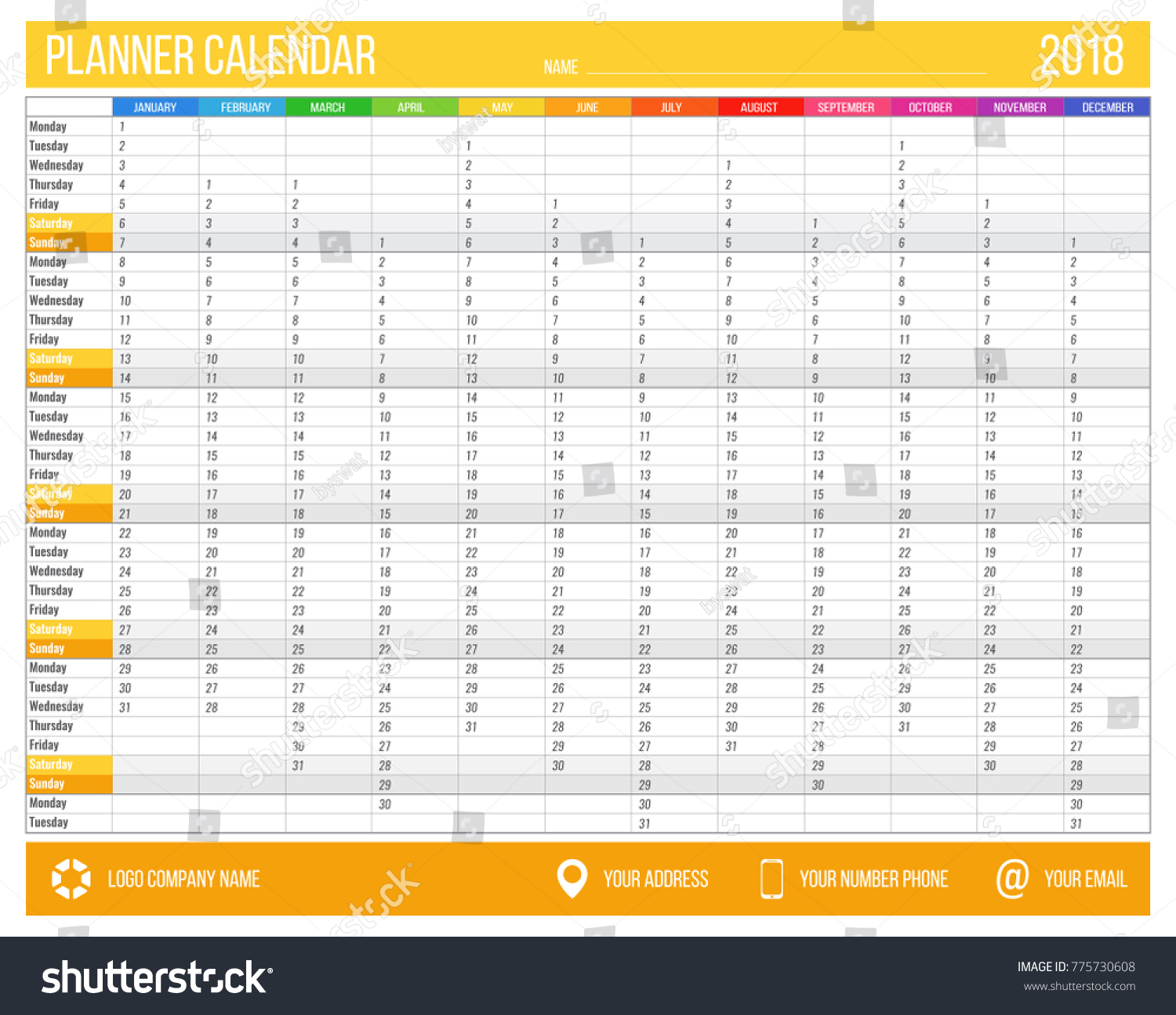 2018 year calendar planner english 12 stock vector royalty free 12 month planner