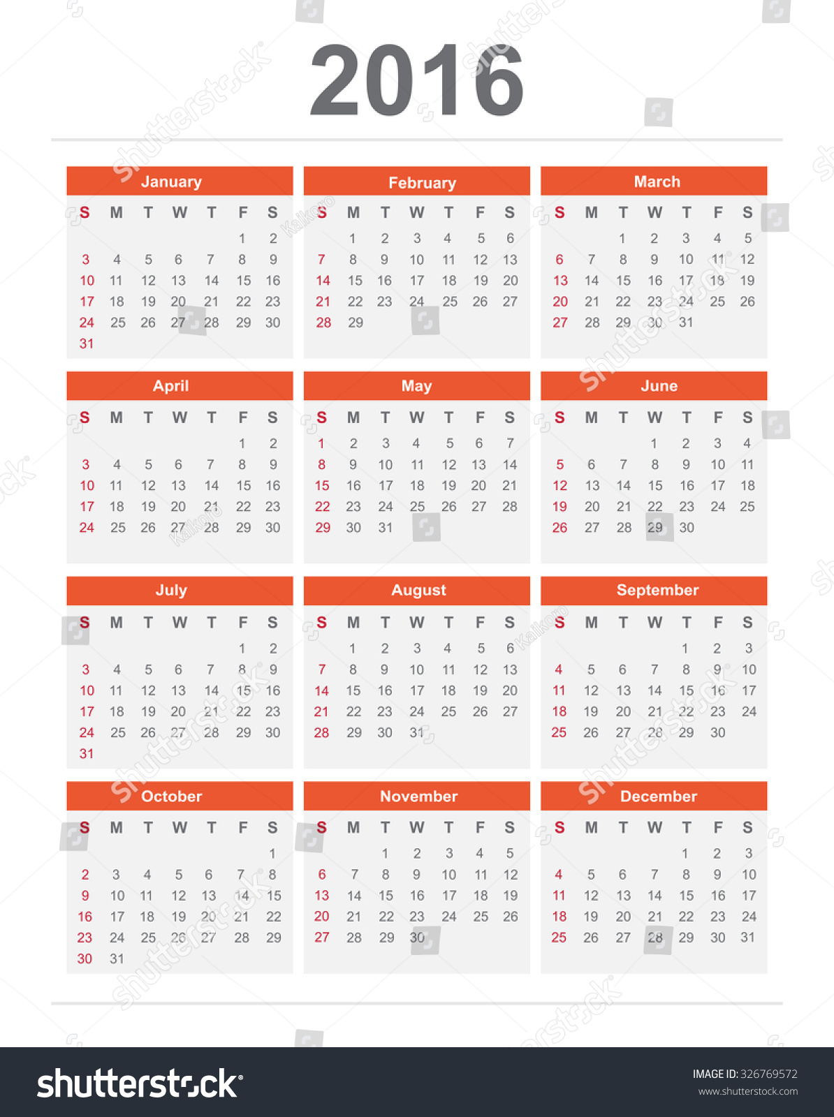 2016 Year Calendar Week Starts Sundy Simple And Clear Style Vector ...