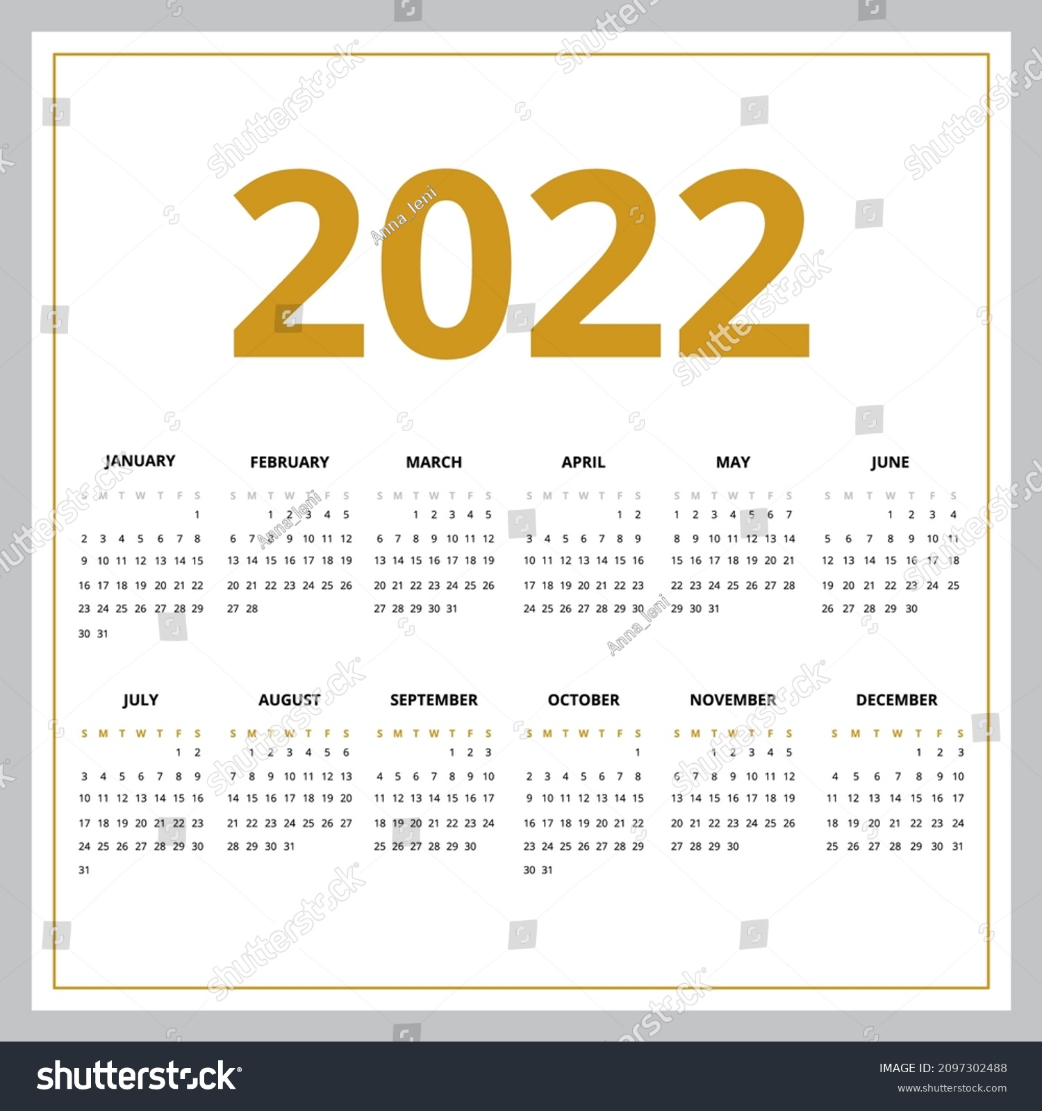 2022 Year Golden Calendar Vector Illustration Stock Vector (Royalty ...