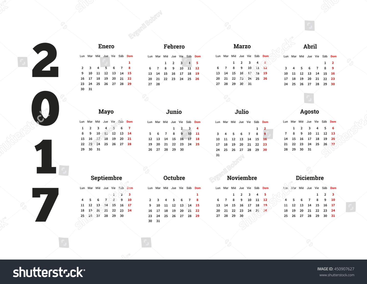 2017 Year Simple Calendar Spanish Isolated Stock Vector (royalty Free 