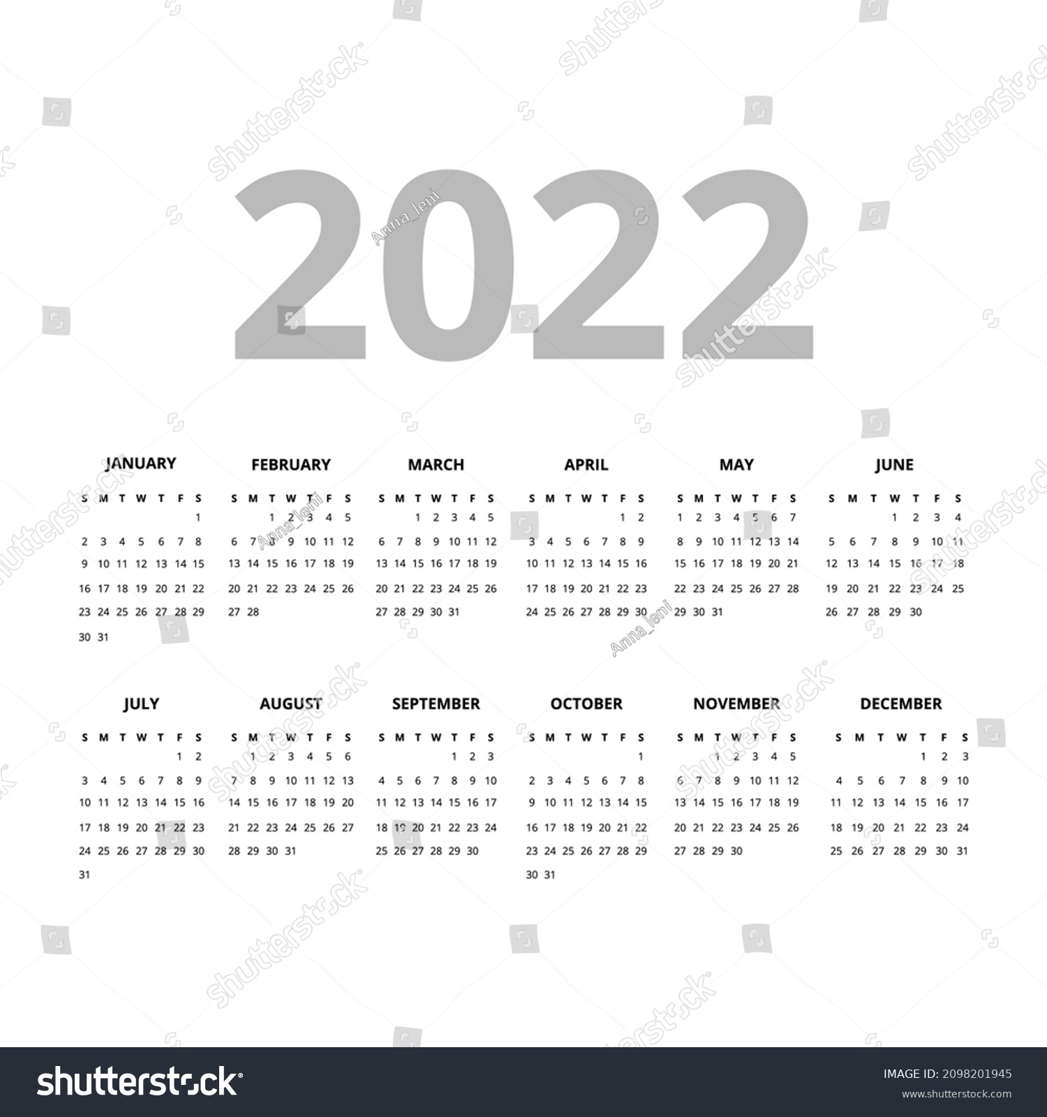 2022 Year Small Calendars Vector Illustration Stock Vector (Royalty ...